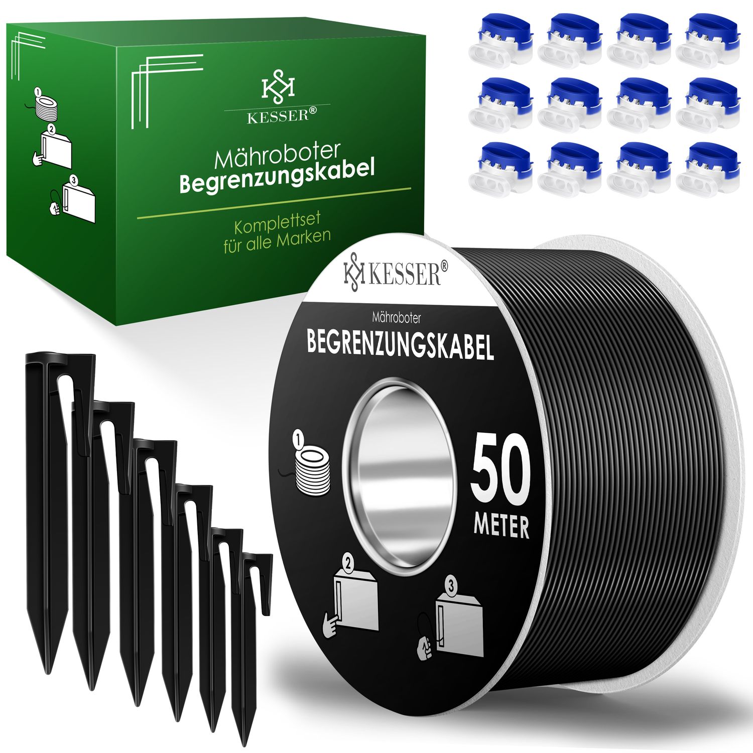 KESSER&reg; Begrenzungskabel + Erdspie&szlig;e + Kabelverbinder f&uuml;r M&auml;hroboter Rasenm&auml;her Rasenroboter Zubeh&ouml;r SET Begrenzungsdraht Universal kompatibel mit GARDENA/BOSCH/WORX/HONDA/ROBOMOW 