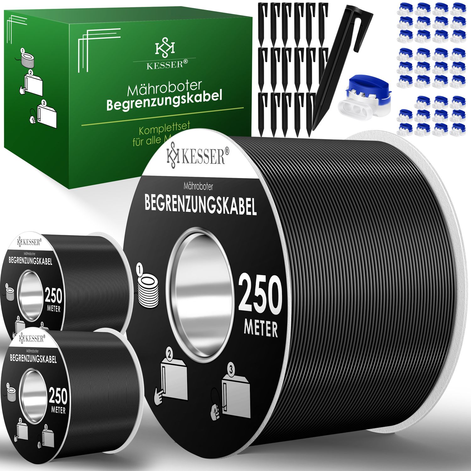 KESSER&reg; Begrenzungskabel + Erdspie&szlig;e + Kabelverbinder f&uuml;r M&auml;hroboter Rasenm&auml;her Rasenroboter Zubeh&ouml;r SET Begrenzungsdraht Universal kompatibel mit GARDENA/BOSCH/WORX/HONDA/ROBOMOW 
