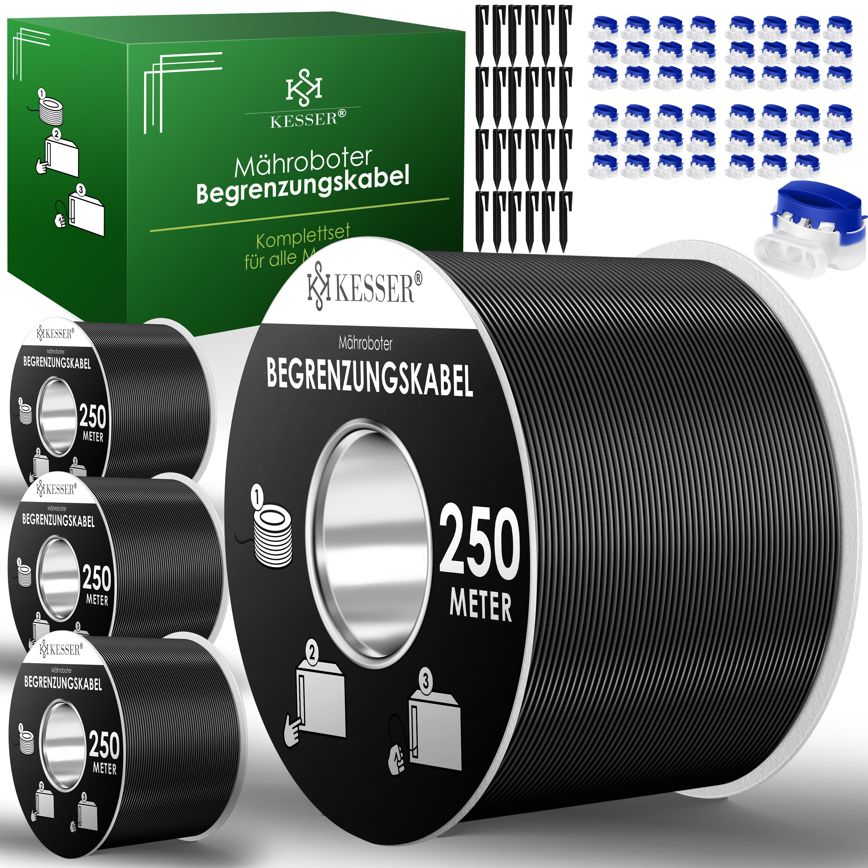 KESSER&reg; Begrenzungskabel + Erdspie&szlig;e + Kabelverbinder f&uuml;r M&auml;hroboter Rasenm&auml;her Rasenroboter Zubeh&ouml;r SET Begrenzungsdraht Universal kompatibel mit GARDENA/BOSCH/WORX/HONDA/ROBOMOW 