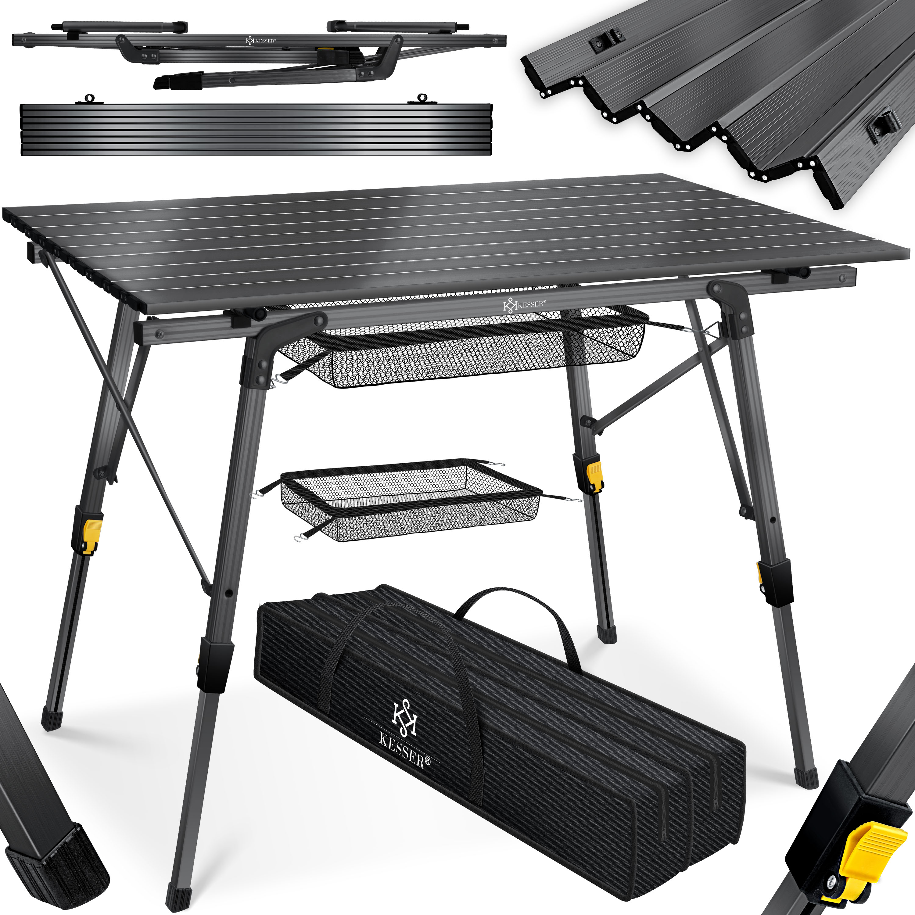 KESSER&reg; Campingtisch faltbar Klapptisch mit Aluminiumrahmen Aufrollbare Tischplatte Falttisch klappbar h&ouml;henverstellbar inkl. Tragetasche mit Trageband & Netztasche 