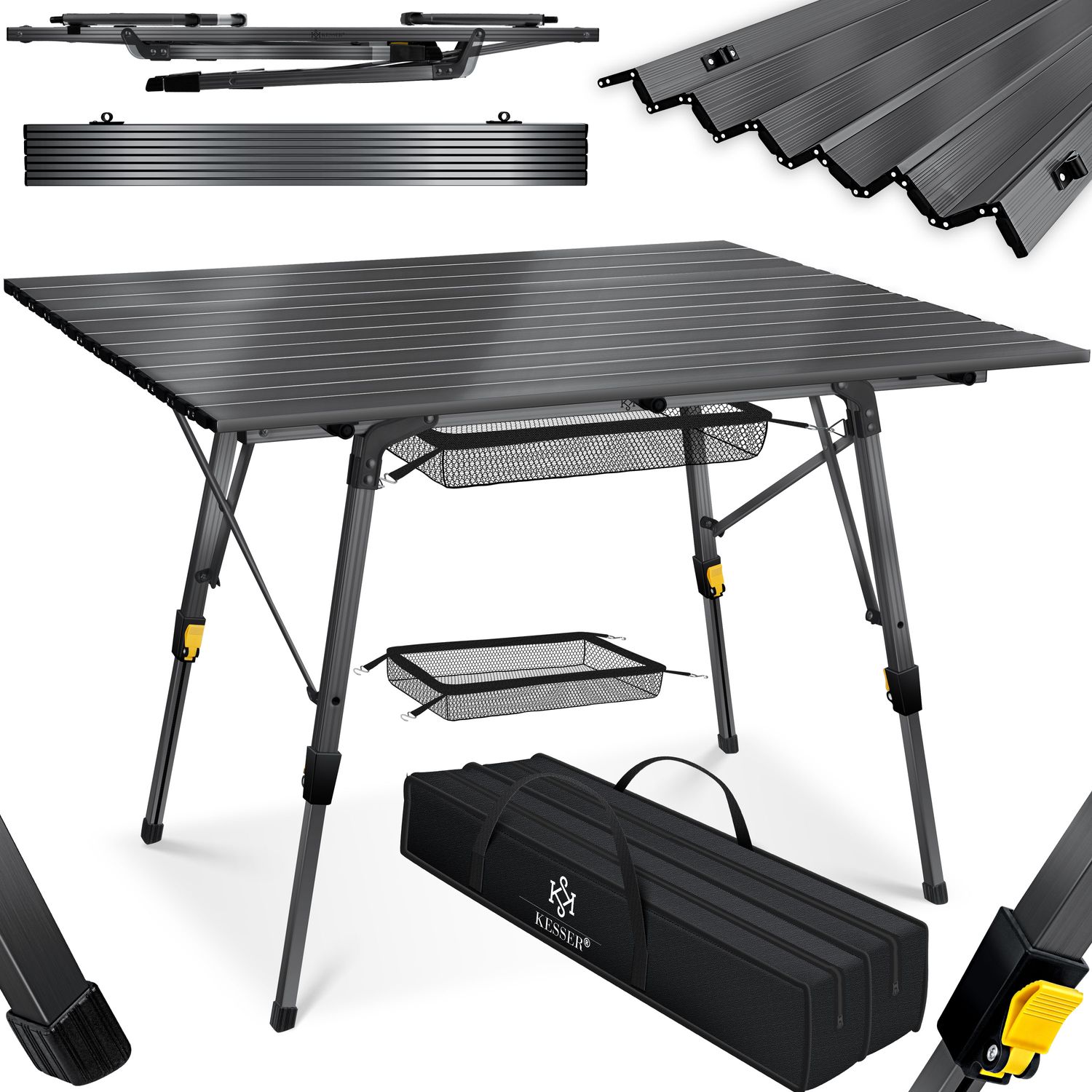 KESSER&reg; Campingtisch faltbar Klapptisch mit Aluminiumrahmen Aufrollbare Tischplatte Falttisch klappbar h&ouml;henverstellbar inkl. Tragetasche mit Trageband & Netztasche 
