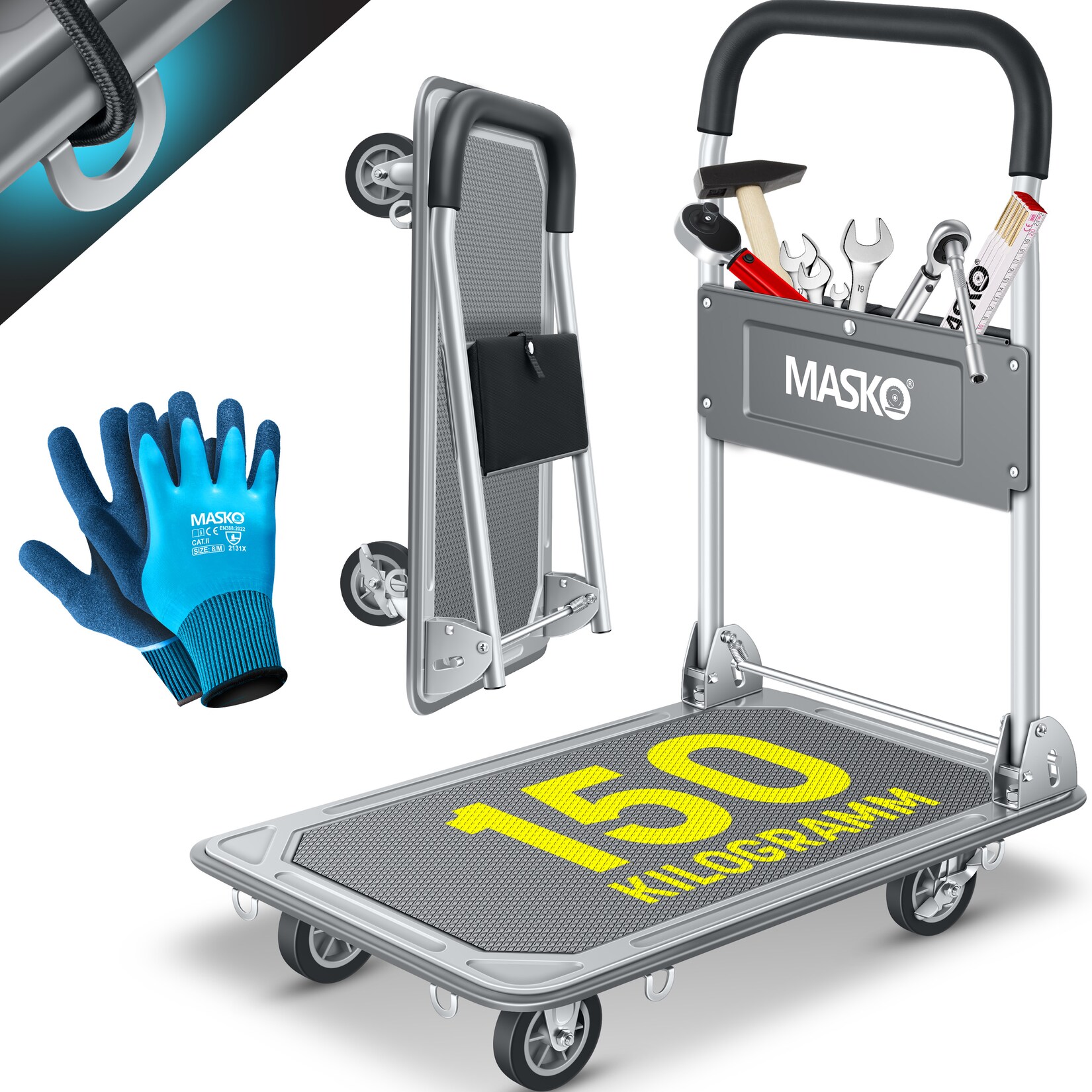 ® Plattformwagen Transportwagen Lagerwagen Klappbar Inkl. Arbeitshandschuhe   Feststellbremse Transporthilfe   Mit 6 Sicherungsösen   360° Lenkrollen   Paketwagen Klappwagen
