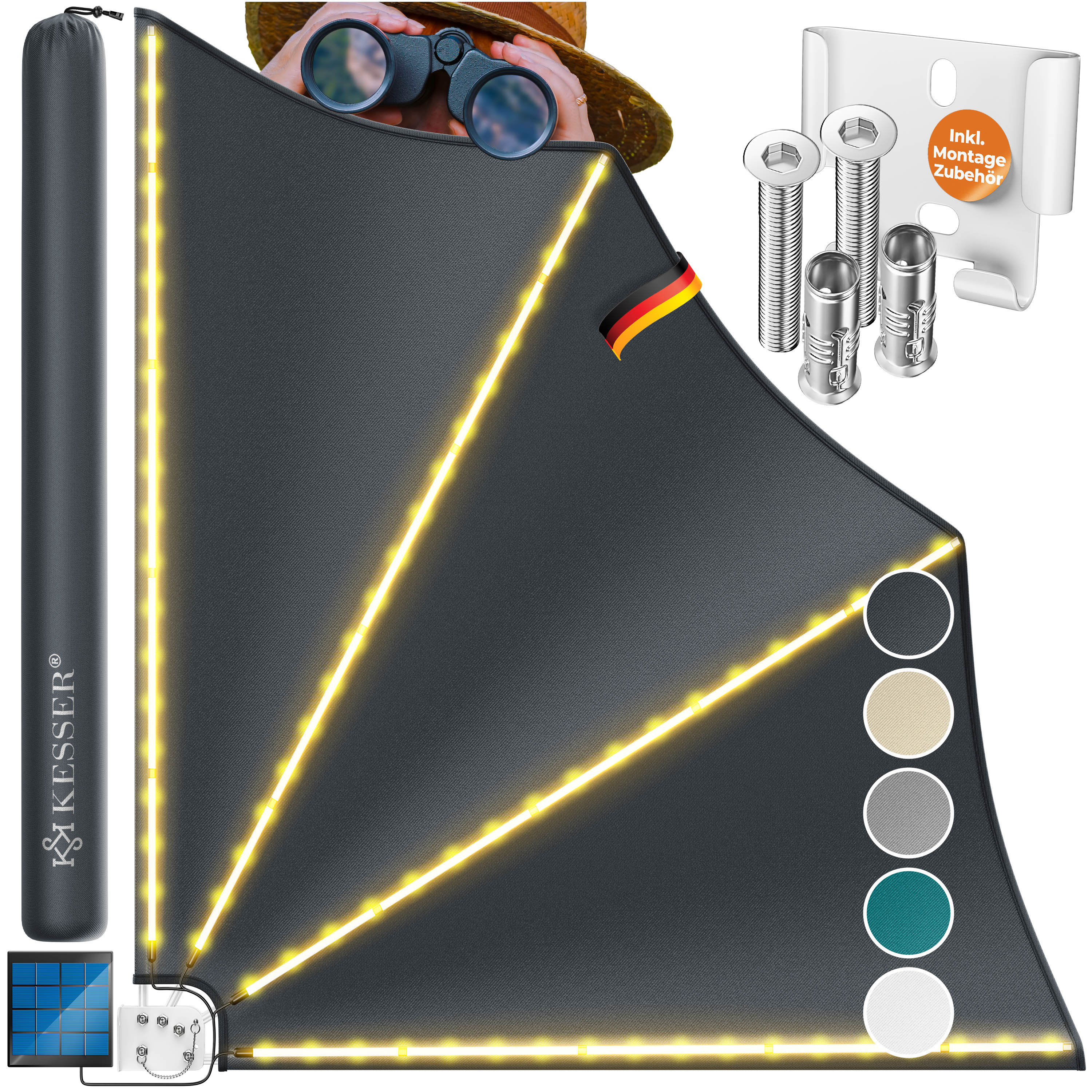 KESSER&reg; Balkonf&auml;cher mit LED | klappbar mit Wandhalterung | 140x140cm | Sichtschutz Balkon Windschutz | Balkonsichtschutz | Seitenmarkise | witterungsbest&auml;ndig | inkl. Montagematerial 