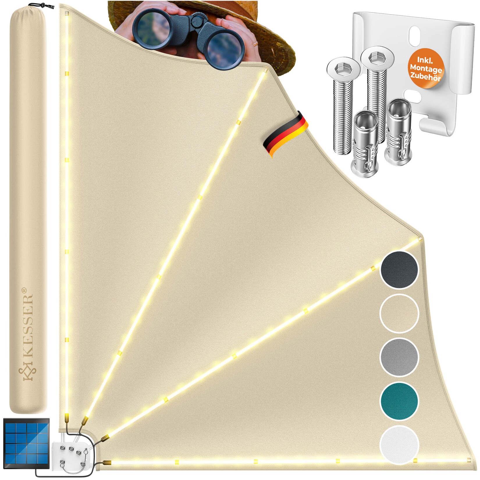 ® Balkonfächer mit LED   klappbar mit Wandhalterung   140x140cm   Sichtschutz Balkon Windschutz   Balkonsichtschutz   Seitenmarkise   witterungsbeständig   inkl. Montagematerial