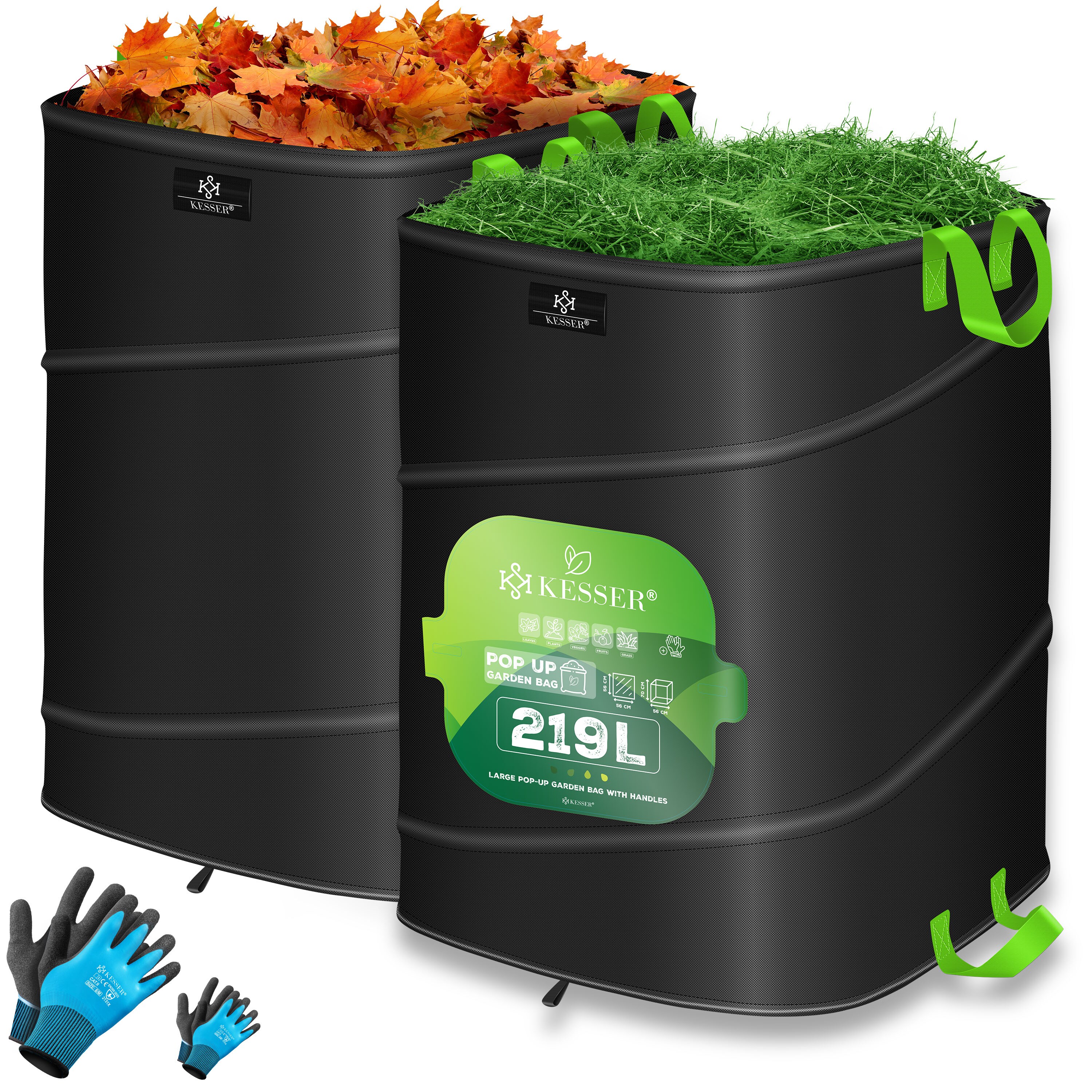 KESSER&reg; Pop-Up-Gartensack Laubsack Gartenabfallsack inkl. Handschuhe | Selbststehend mit Griffen Stabil Robust & Faltbar | Laubs&auml;cke Rasenschnitt Gartens&auml;cke f&uuml;r Gartenabf&auml;lle Gr&uuml;nschnitt 