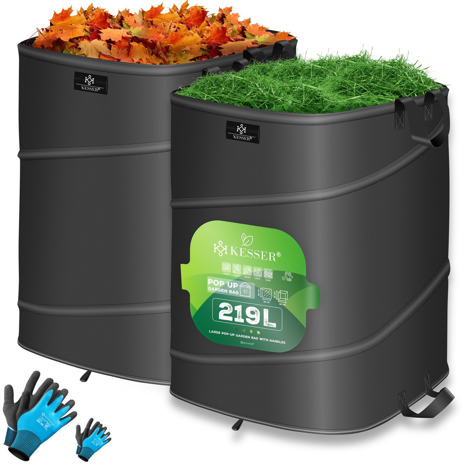 KESSER&reg; Pop-Up-Gartensack Laubsack Gartenabfallsack inkl. Handschuhe | Selbststehend mit Griffen Stabil Robust & Faltbar | Laubs&auml;cke Rasenschnitt Gartens&auml;cke f&uuml;r Gartenabf&auml;lle Gr&uuml;nschnitt 