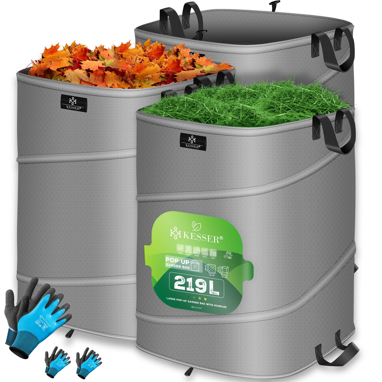KESSER&reg; Pop-Up-Gartensack Laubsack Gartenabfallsack inkl. Handschuhe | Selbststehend mit Griffen Stabil Robust & Faltbar | Laubs&auml;cke Rasenschnitt Gartens&auml;cke f&uuml;r Gartenabf&auml;lle Gr&uuml;nschnitt 