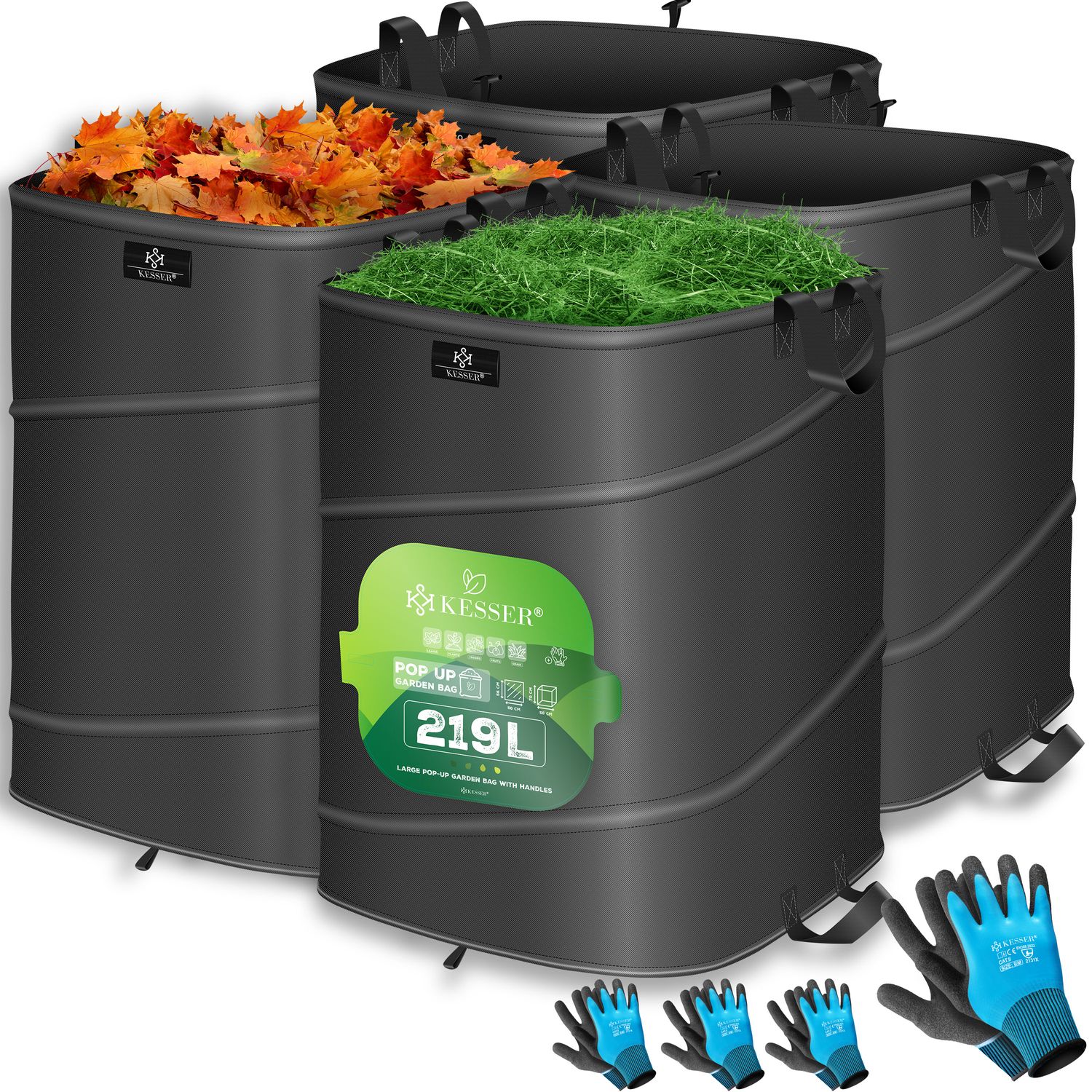 KESSER&reg; Pop-Up-Gartensack Laubsack Gartenabfallsack inkl. Handschuhe | Selbststehend mit Griffen Stabil Robust & Faltbar | Laubs&auml;cke Rasenschnitt Gartens&auml;cke f&uuml;r Gartenabf&auml;lle Gr&uuml;nschnitt 