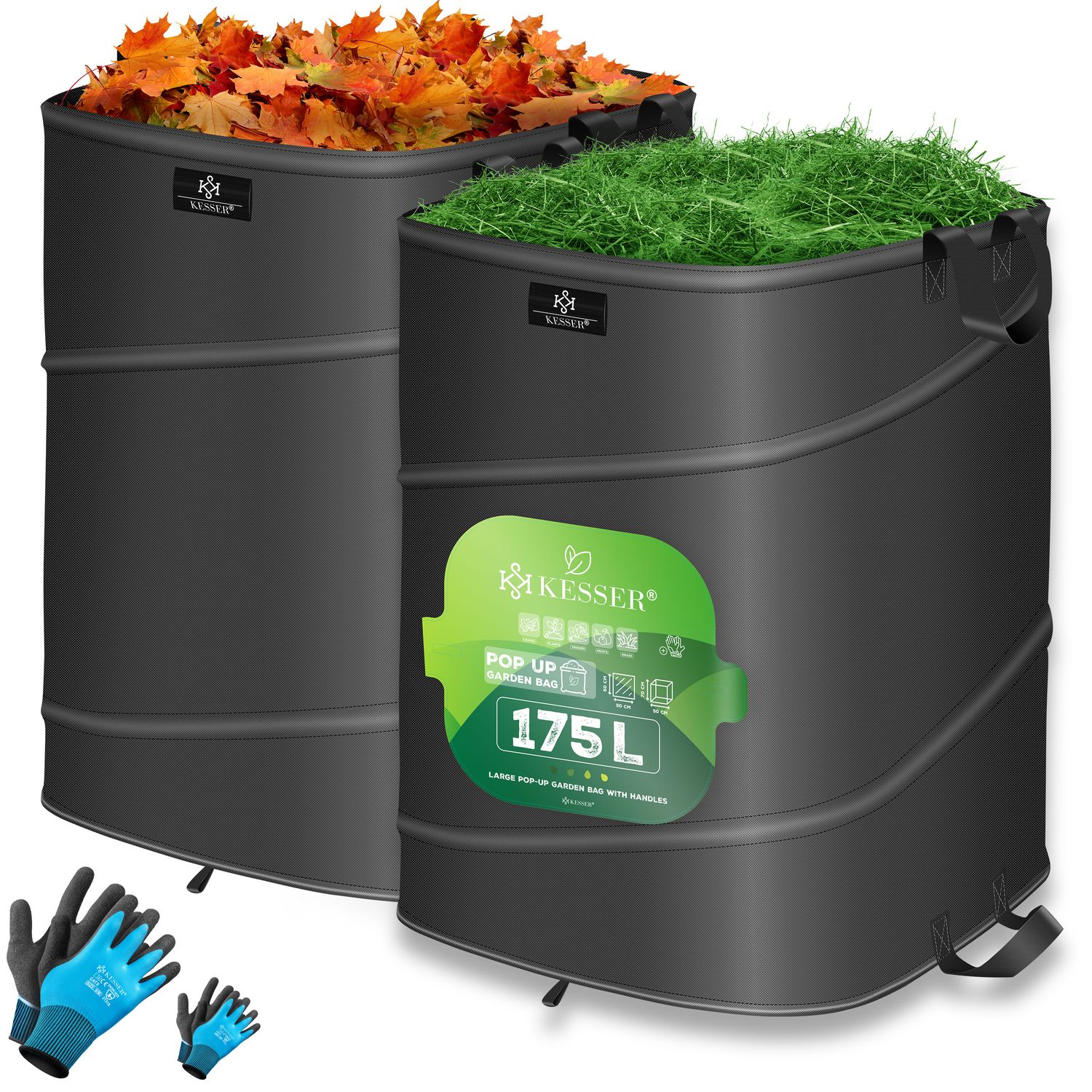 KESSER&reg; Pop-Up-Gartensack Laubsack Gartenabfallsack inkl. Handschuhe | Selbststehend mit Griffen Stabil Robust & Faltbar | Laubs&auml;cke Rasenschnitt Gartens&auml;cke f&uuml;r Gartenabf&auml;lle Gr&uuml;nschnitt 