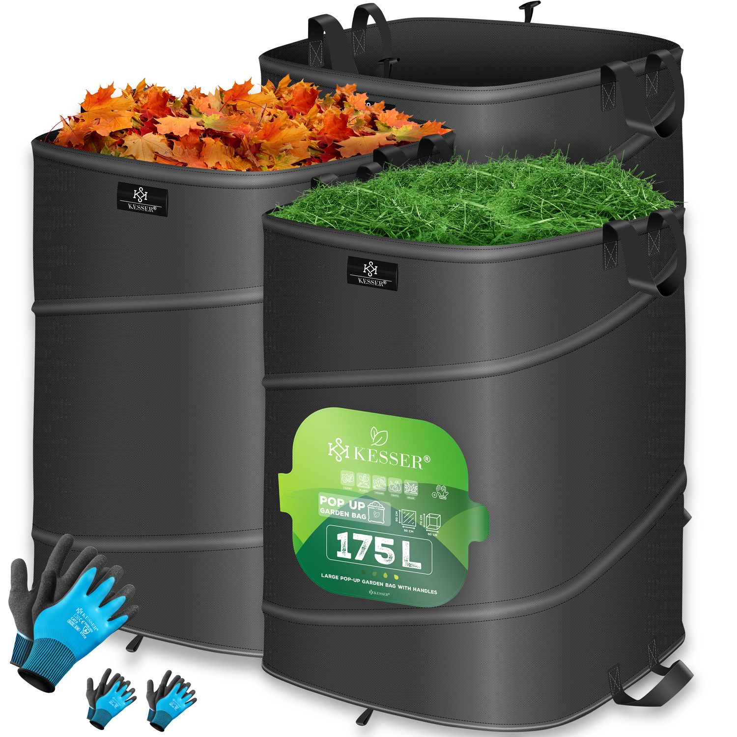 KESSER&reg; Pop-Up-Gartensack Laubsack Gartenabfallsack inkl. Handschuhe | Selbststehend mit Griffen Stabil Robust & Faltbar | Laubs&auml;cke Rasenschnitt Gartens&auml;cke f&uuml;r Gartenabf&auml;lle Gr&uuml;nschnitt 