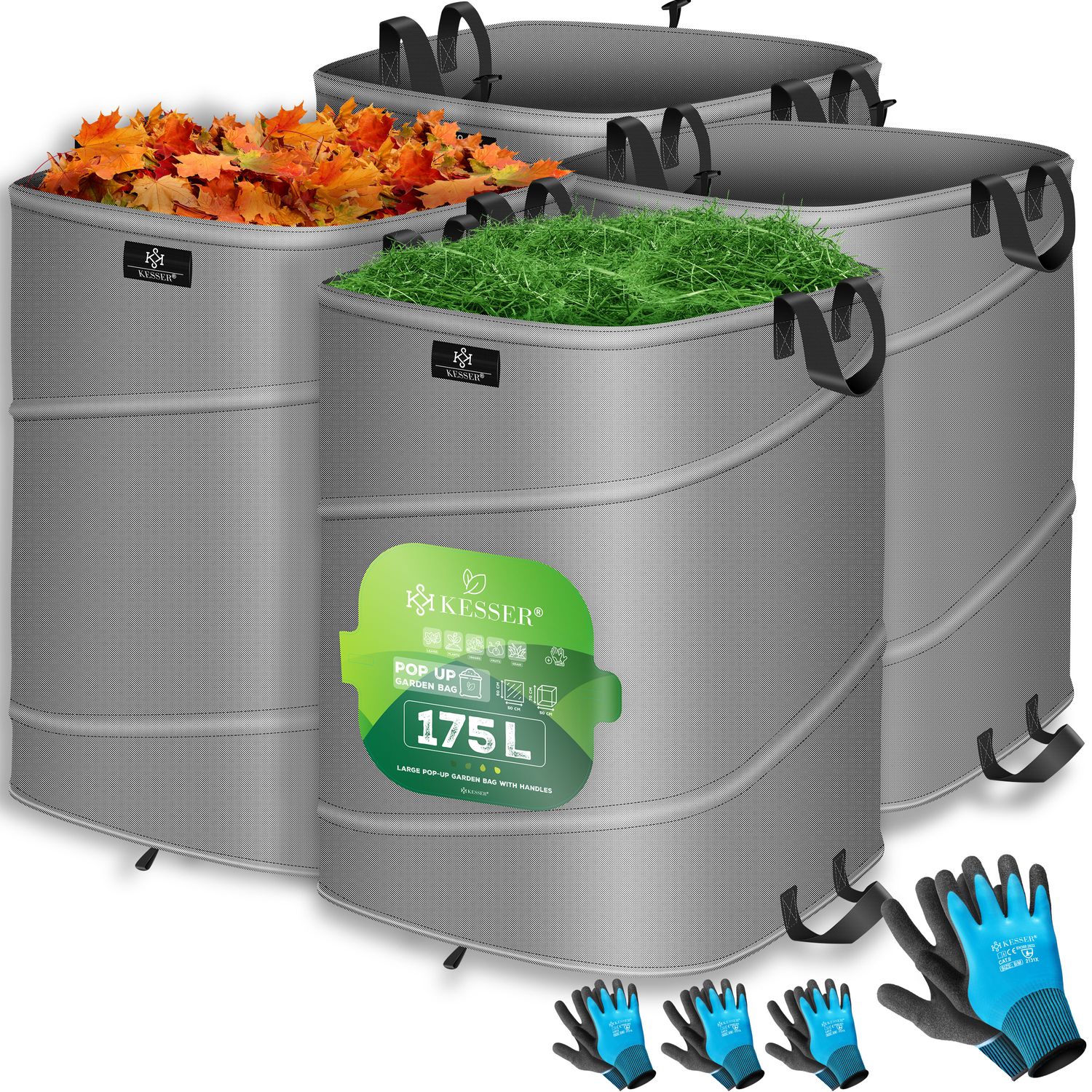 KESSER&reg; Pop-Up-Gartensack Laubsack Gartenabfallsack inkl. Handschuhe | Selbststehend mit Griffen Stabil Robust & Faltbar | Laubs&auml;cke Rasenschnitt Gartens&auml;cke f&uuml;r Gartenabf&auml;lle Gr&uuml;nschnitt 