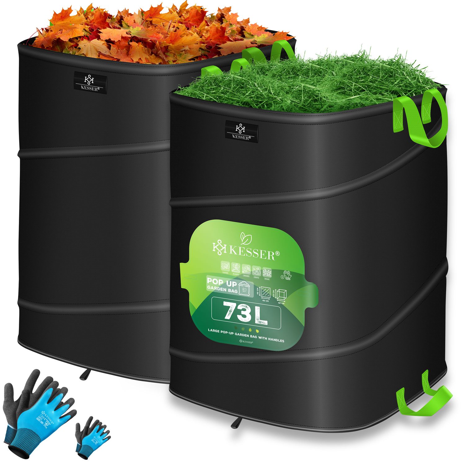 KESSER&reg; Pop-Up-Gartensack Laubsack Gartenabfallsack inkl. Handschuhe | Selbststehend mit Griffen Stabil Robust & Faltbar | Laubs&auml;cke Rasenschnitt Gartens&auml;cke f&uuml;r Gartenabf&auml;lle Gr&uuml;nschnitt 