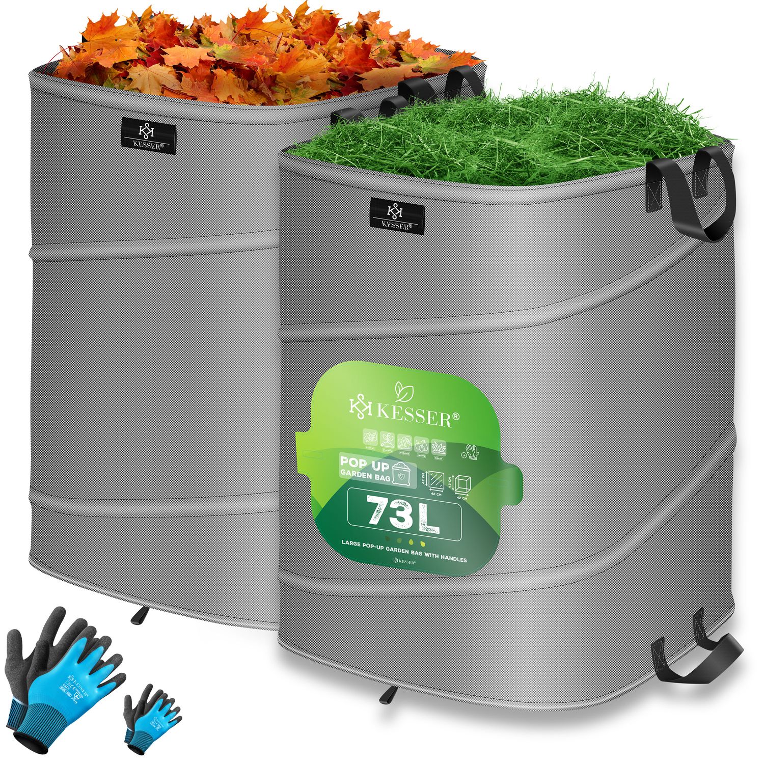 KESSER&reg; Pop-Up-Gartensack Laubsack Gartenabfallsack inkl. Handschuhe | Selbststehend mit Griffen Stabil Robust & Faltbar | Laubs&auml;cke Rasenschnitt Gartens&auml;cke f&uuml;r Gartenabf&auml;lle Gr&uuml;nschnitt 