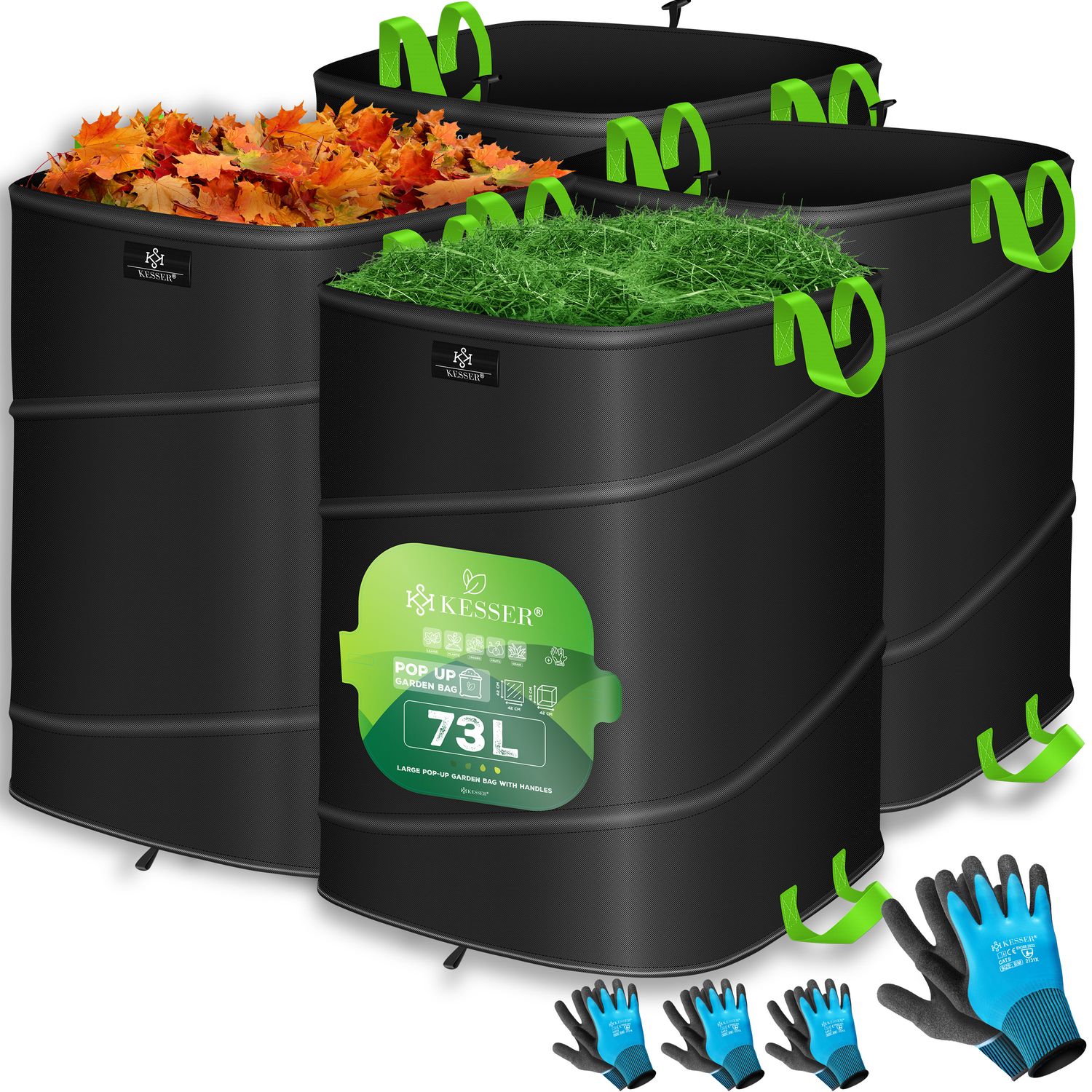 KESSER&reg; Pop-Up-Gartensack Laubsack Gartenabfallsack inkl. Handschuhe | Selbststehend mit Griffen Stabil Robust & Faltbar | Laubs&auml;cke Rasenschnitt Gartens&auml;cke f&uuml;r Gartenabf&auml;lle Gr&uuml;nschnitt 