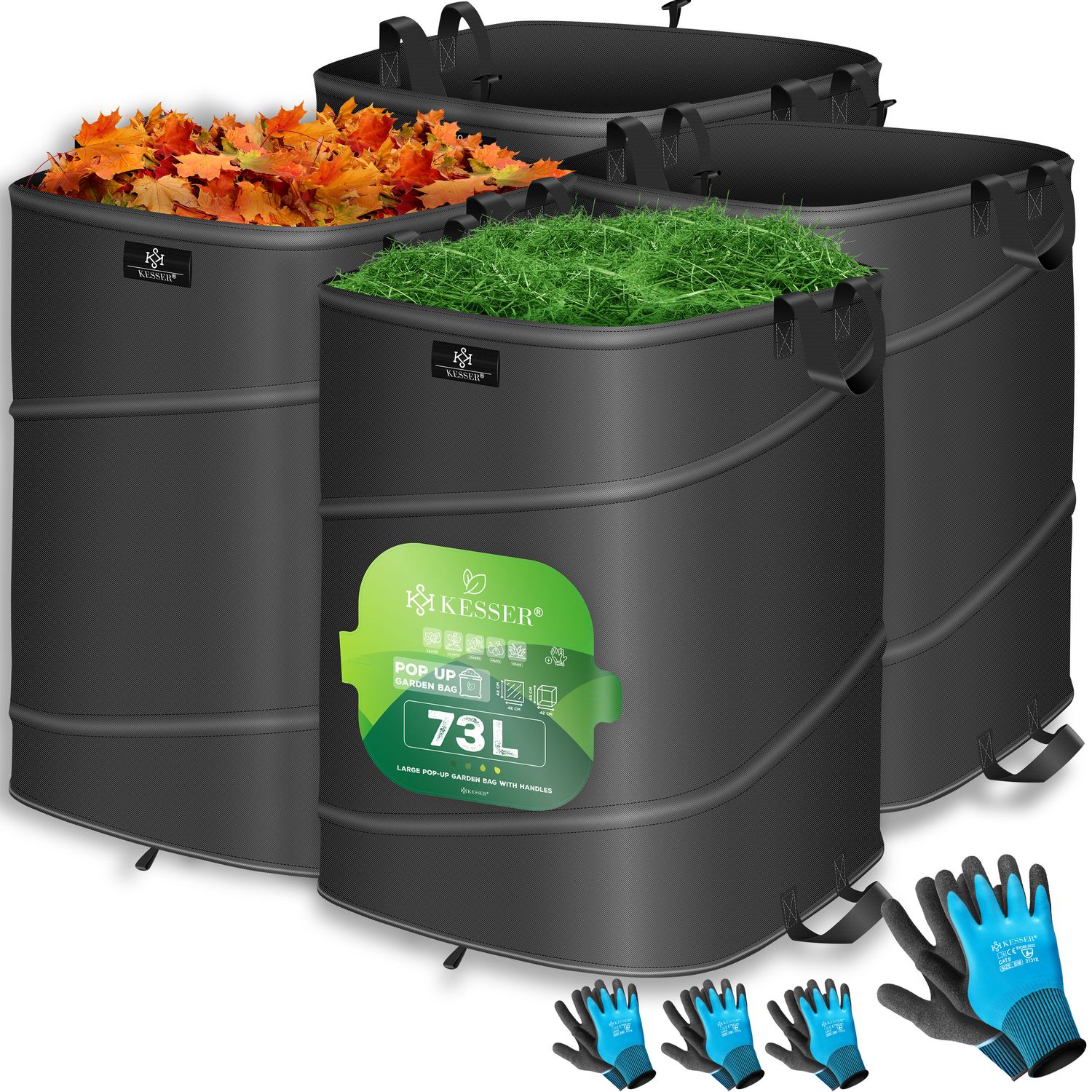KESSER&reg; Pop-Up-Gartensack Laubsack Gartenabfallsack inkl. Handschuhe | Selbststehend mit Griffen Stabil Robust & Faltbar | Laubs&auml;cke Rasenschnitt Gartens&auml;cke f&uuml;r Gartenabf&auml;lle Gr&uuml;nschnitt 
