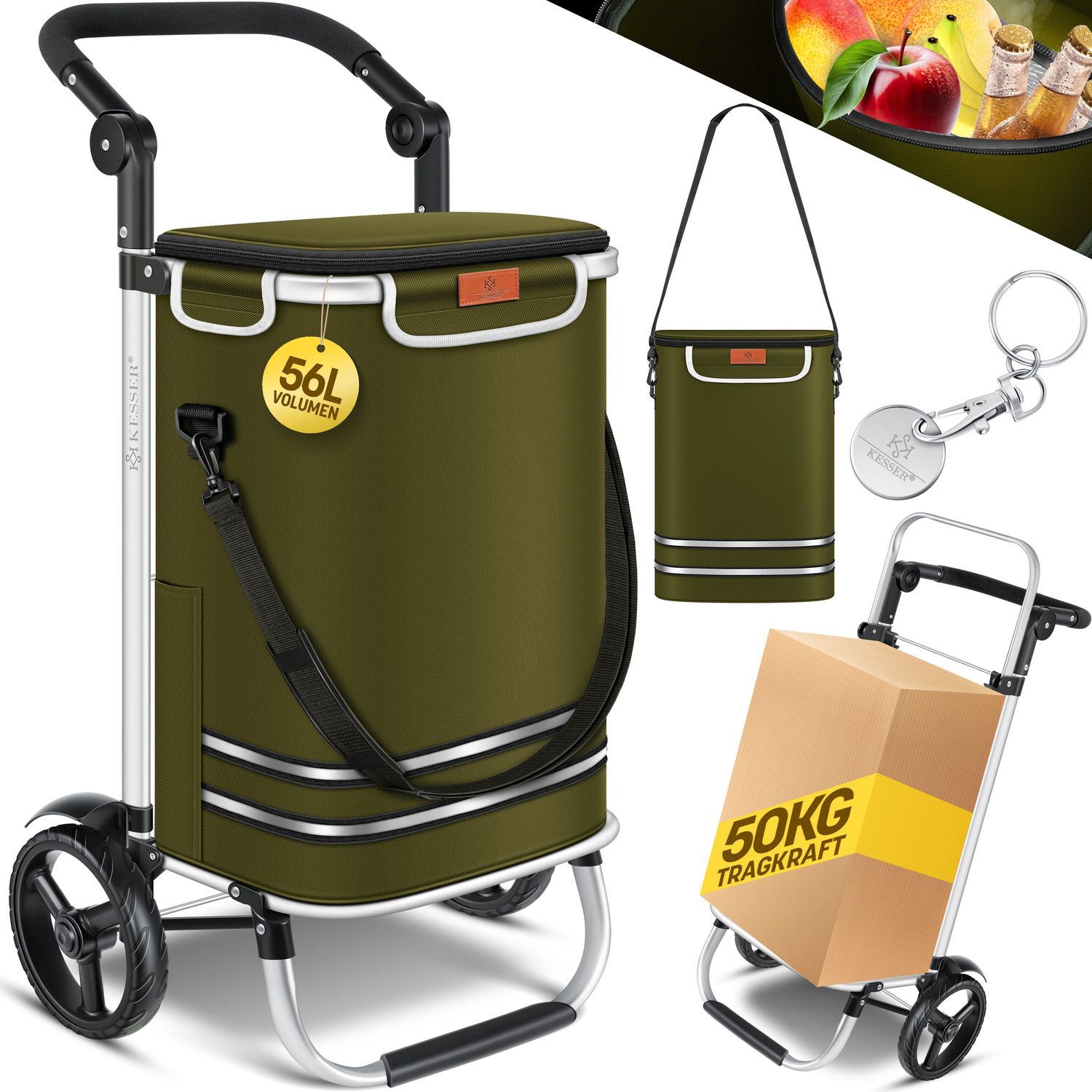 KESSER&reg; Einkaufstrolley klappbar mit 56L Kapazit&auml;t und belastbar bis 50kg | 3in1 Trolley Sackkarre & Umh&auml;ngetasche | Faltbarer Einkaufswagen inkl. K&uuml;hlfach & Einkaufschip | Treppensteiger 
