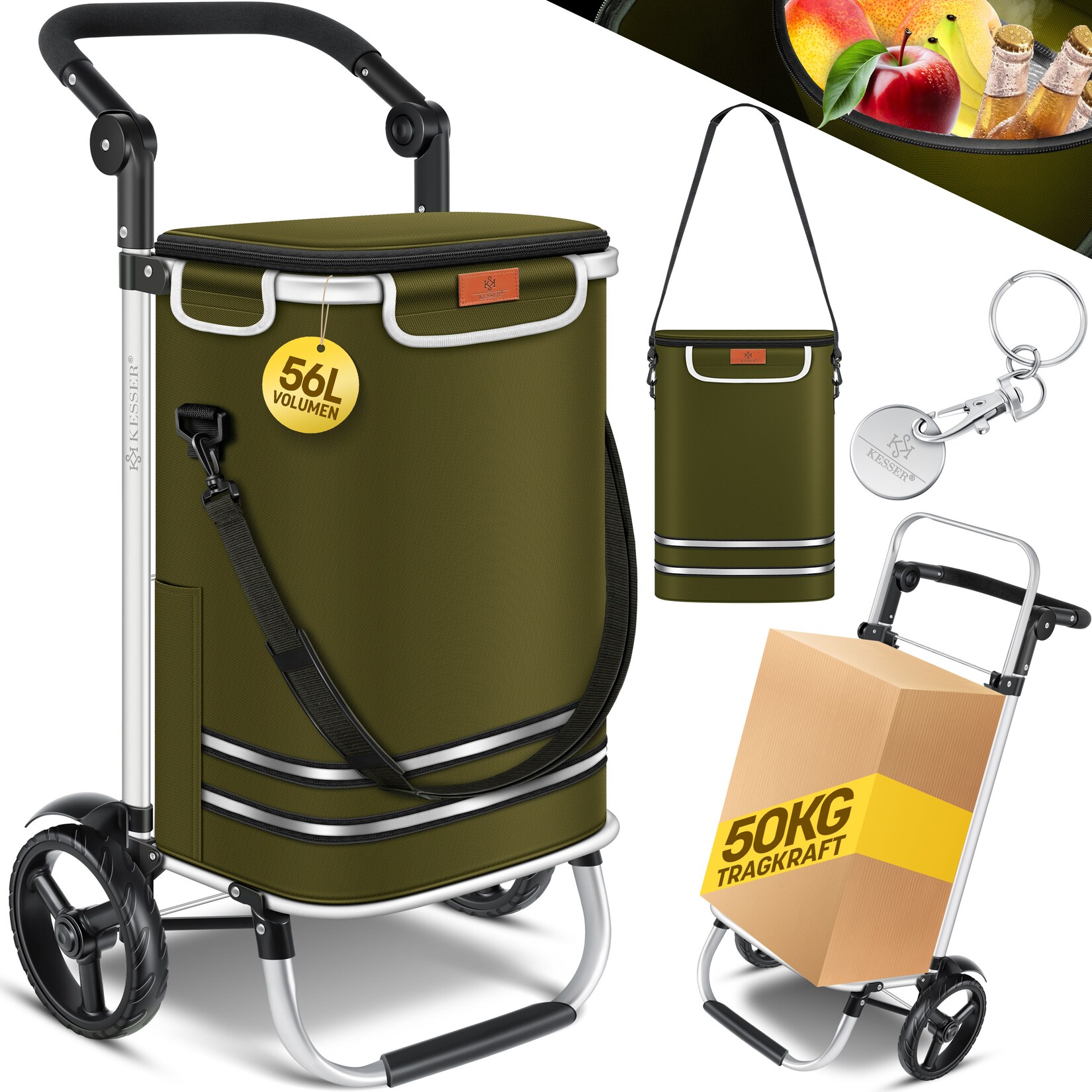 ® Einkaufstrolley klappbar mit  Kapazität und belastbar bis 50kg   3in1 Trolley Sackkarre & Umhängetasche   Faltbarer Einkaufswagen inkl. Kühlfach & Einkaufschip   Treppensteiger
