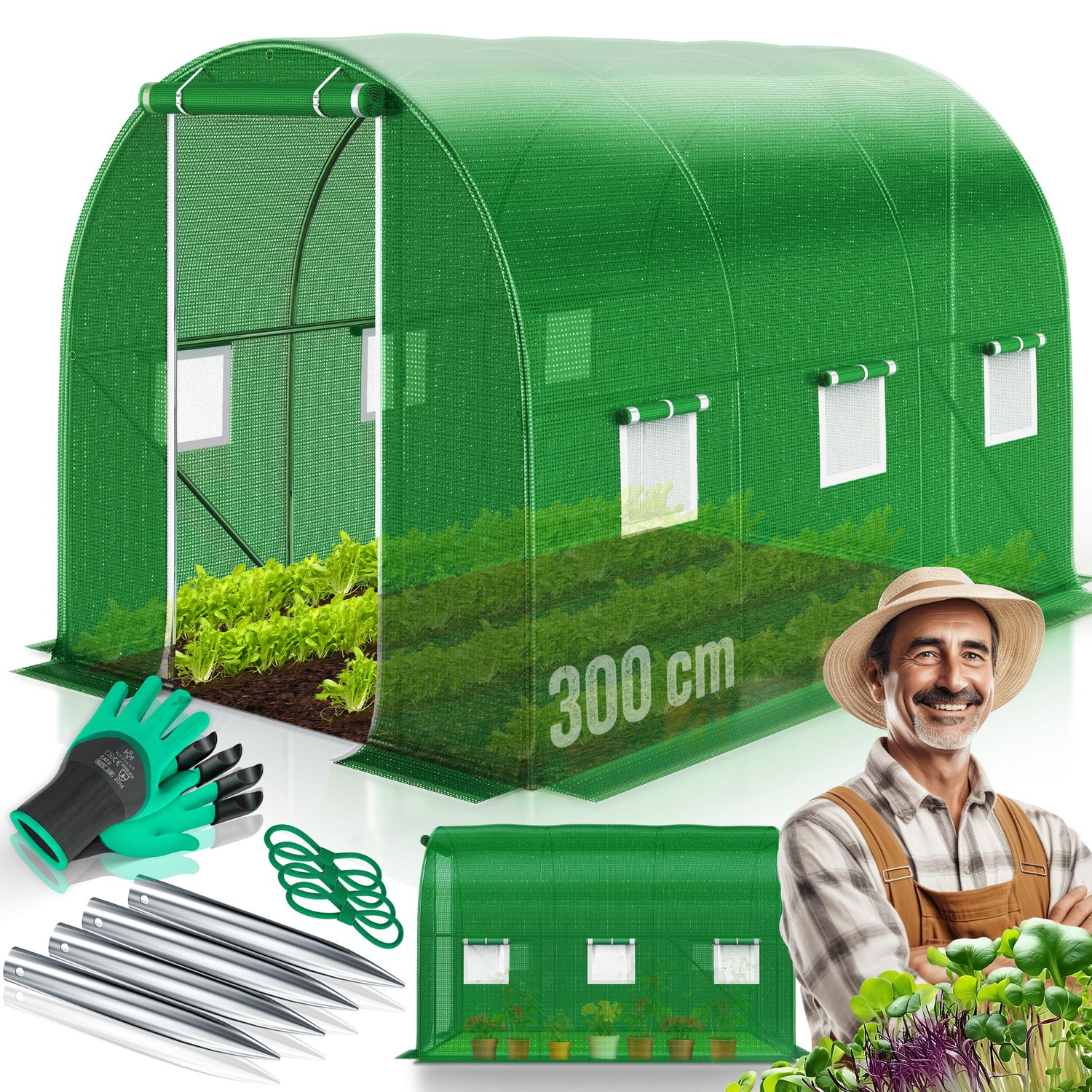 KESSER&reg; Folien-Gew&auml;chshaus Stabil mit Fenstern mit Moskitonetz & T&uuml;r | Gartentunnel mit Rahmen aus verzinktem Stahl | Folientunnel 170g/m&sup2;  inkl. Erdanker Handschuhen & Seilen 