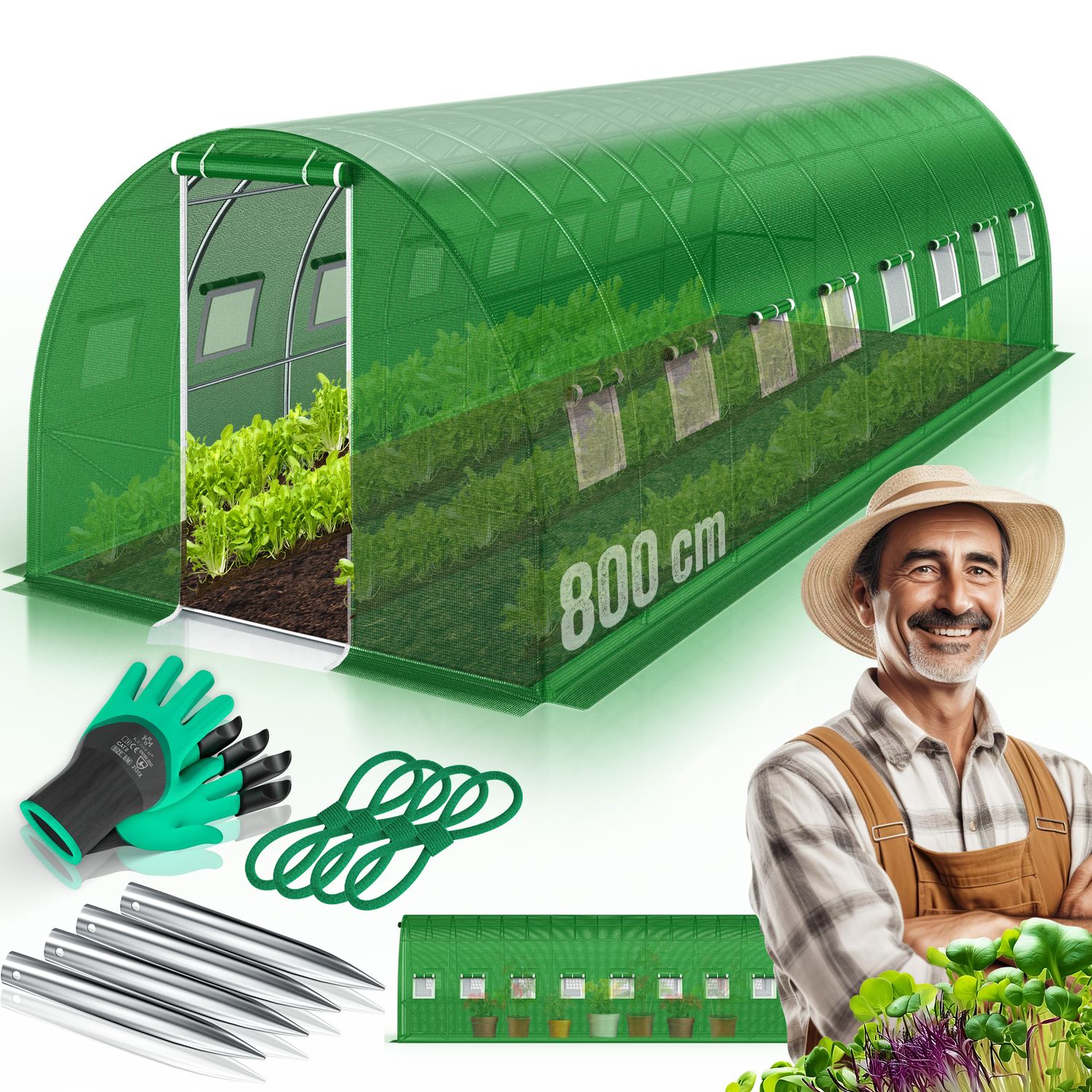 KESSER&reg; Folien-Gew&auml;chshaus Stabil mit Fenstern mit Moskitonetz & T&uuml;r | Gartentunnel mit Rahmen aus verzinktem Stahl | Folientunnel 170g/m&sup2;  inkl. Erdanker Handschuhen & Seilen 