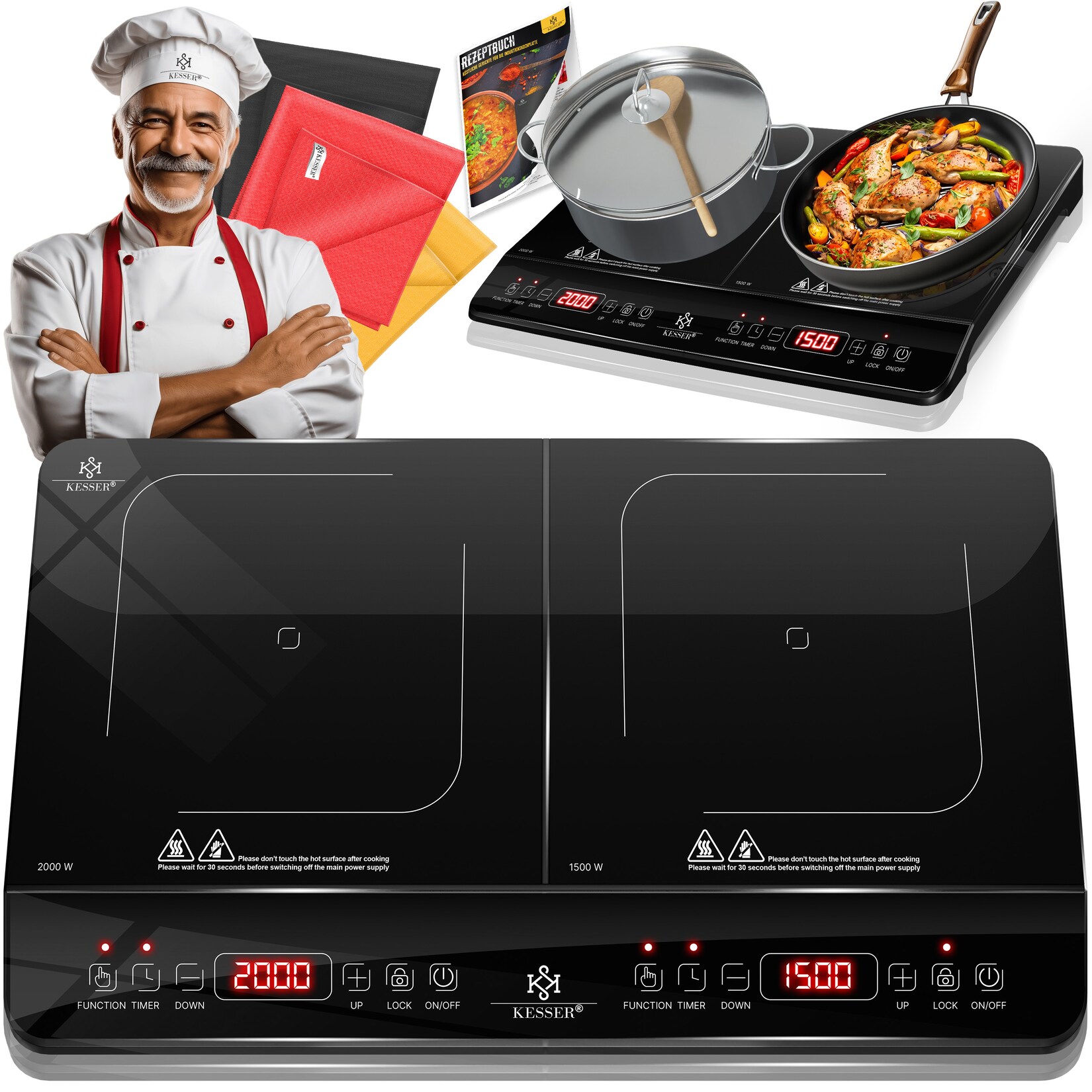 ® Induktionskochplatte Induktionskochfeld Tragbare 28cm Kochplatte + 3x Mikrofasertuch + 1x Rezeptbuch, Heizstufen, Stunden-Timer, Touch-Steuerung, Booster-Funktion 220-240V