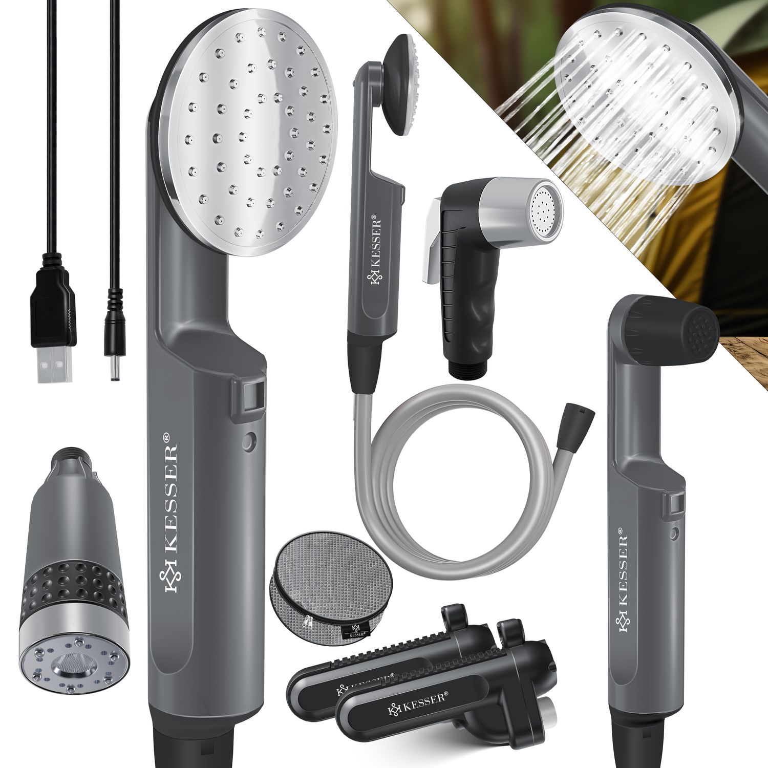 KESSER&reg; Campingdusche mit Akku Tauchpumpe Handbrause 2x 2200mAh-Lithium-Akku, USB-Ladekabel , f&uuml;r Camping Garten - Auto - Outdoor , Hundedusche , Autoreinigung , Inkl. Tragetasche, 12V Pumpe 