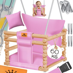 KIDIZ® Babyschaukel Kinderschaukel Schaukelsitz mit Polsterung | Holz-Schaukel mit Anti-Kipp bis 60KG | Höhenverstellbar Indoor & Outdoor | 0,5 - 3 Jahre | Montagezubehör & Sicherheitsgurt 