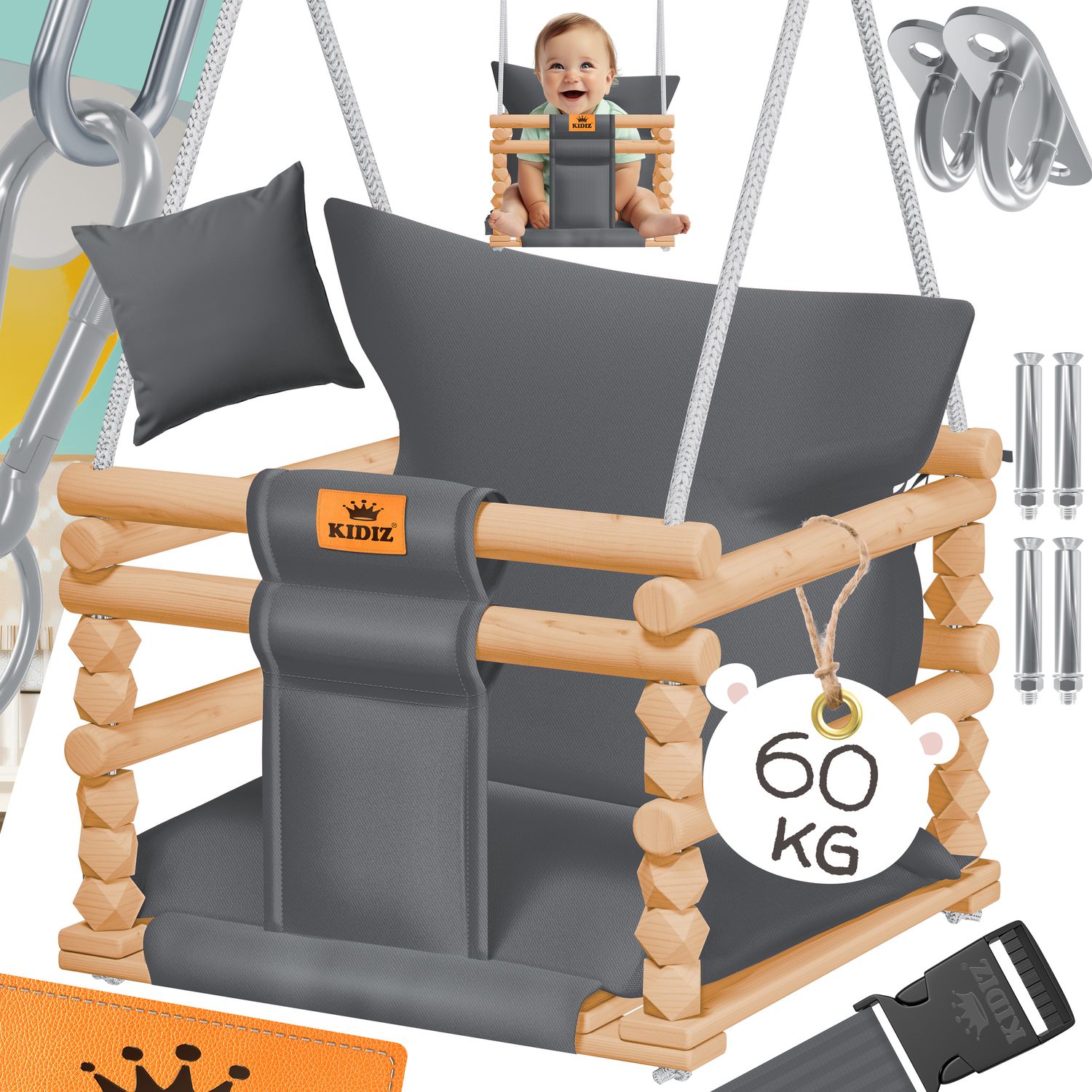 KIDIZ&reg; Babyschaukel Kinderschaukel Schaukelsitz mit Polsterung | Holz-Schaukel mit Anti-Kipp bis 60KG | H&ouml;henverstellbar Indoor & Outdoor | 0,5 - 3 Jahre | Montagezubeh&ouml;r & Sicherheitsgurt 