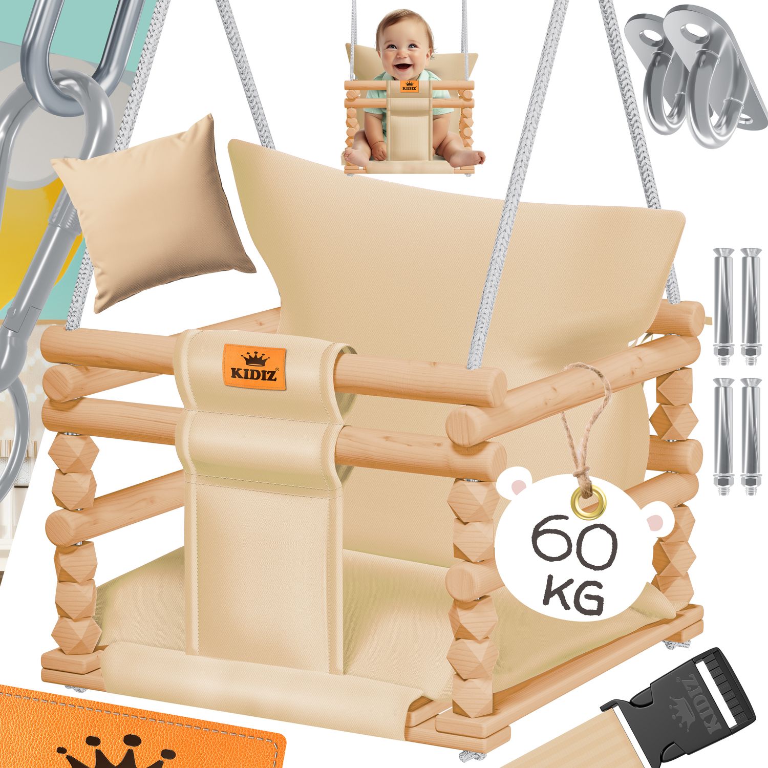 KIDIZ&reg; Babyschaukel Kinderschaukel Schaukelsitz mit Polsterung | Holz-Schaukel mit Anti-Kipp bis 60KG | H&ouml;henverstellbar Indoor & Outdoor | 0,5 - 3 Jahre | Montagezubeh&ouml;r & Sicherheitsgurt 