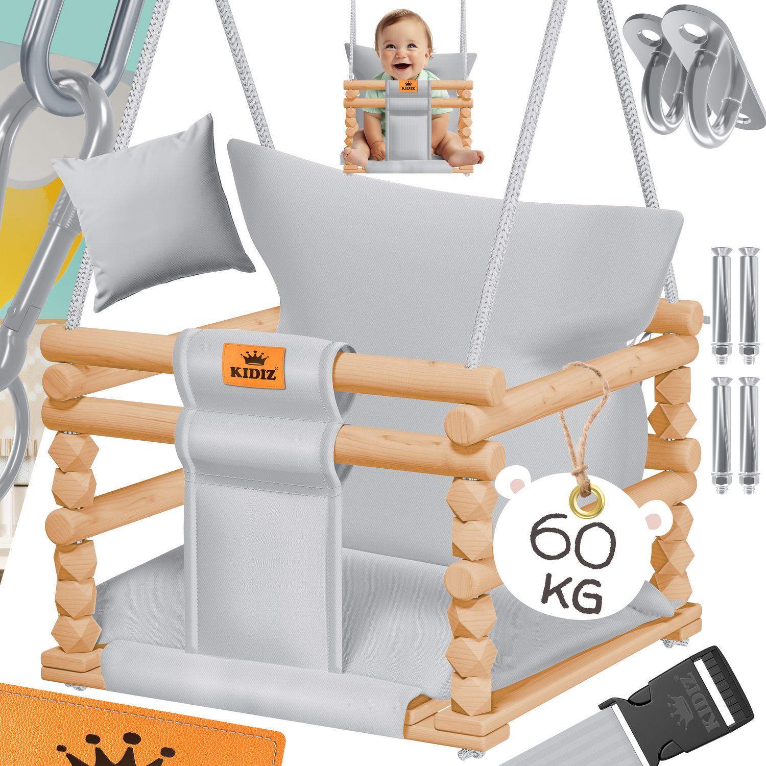 KIDIZ&reg; Babyschaukel Kinderschaukel Schaukelsitz mit Polsterung | Holz-Schaukel mit Anti-Kipp bis 60KG | H&ouml;henverstellbar Indoor & Outdoor | 0,5 - 3 Jahre | Montagezubeh&ouml;r & Sicherheitsgurt 