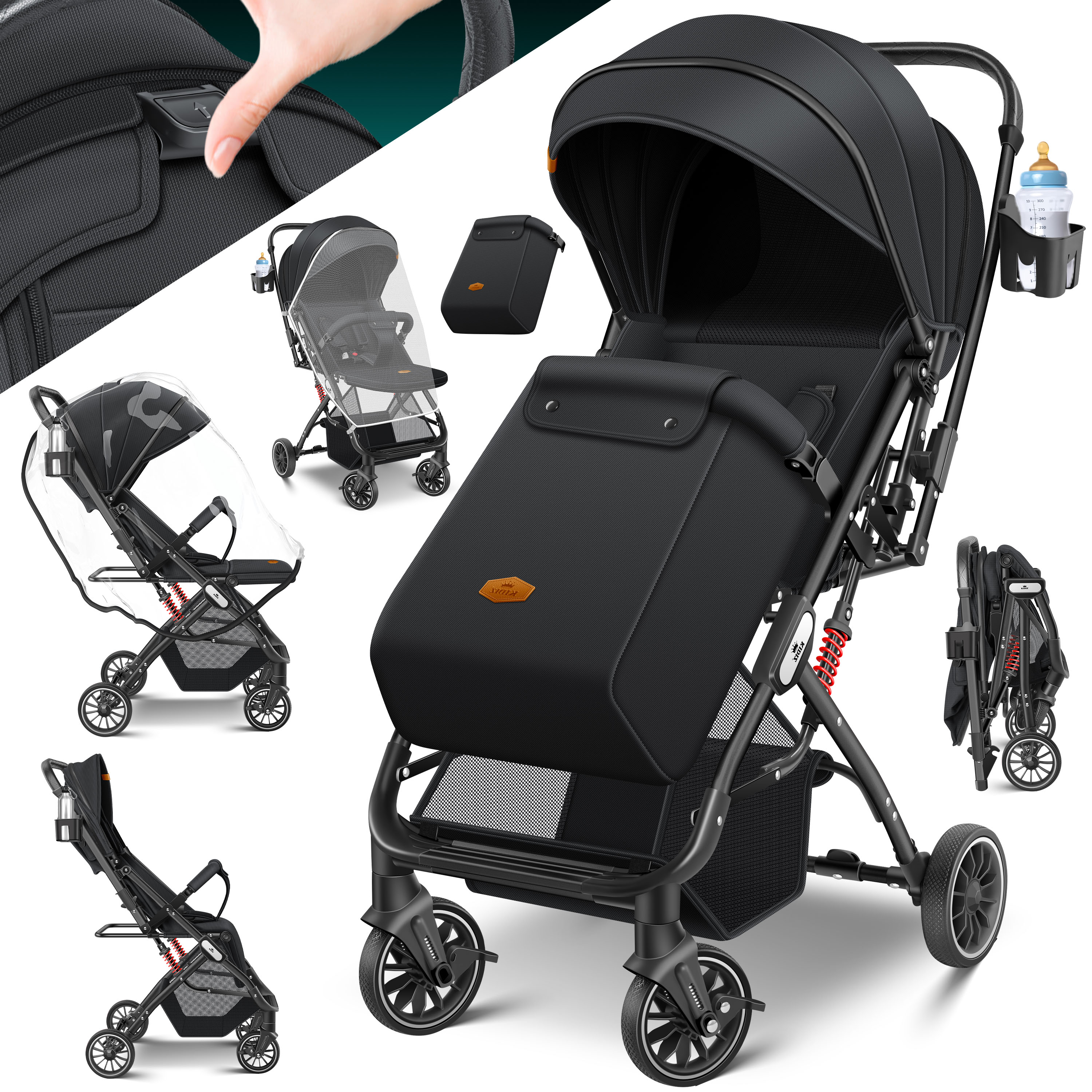 KIDIZ&reg; Kinderwagen Kinderbuggy klappbar Liegebuggy Sportwagen Faltbar 360&deg; R&auml;der 5-Punkt Gurt Inkl. Fu&szlig;sack, Getr&auml;nkehalter, Regenabdeckung & Moskitonetz verstellbare R&uuml;ckenlehne & Sonnenverdeck 