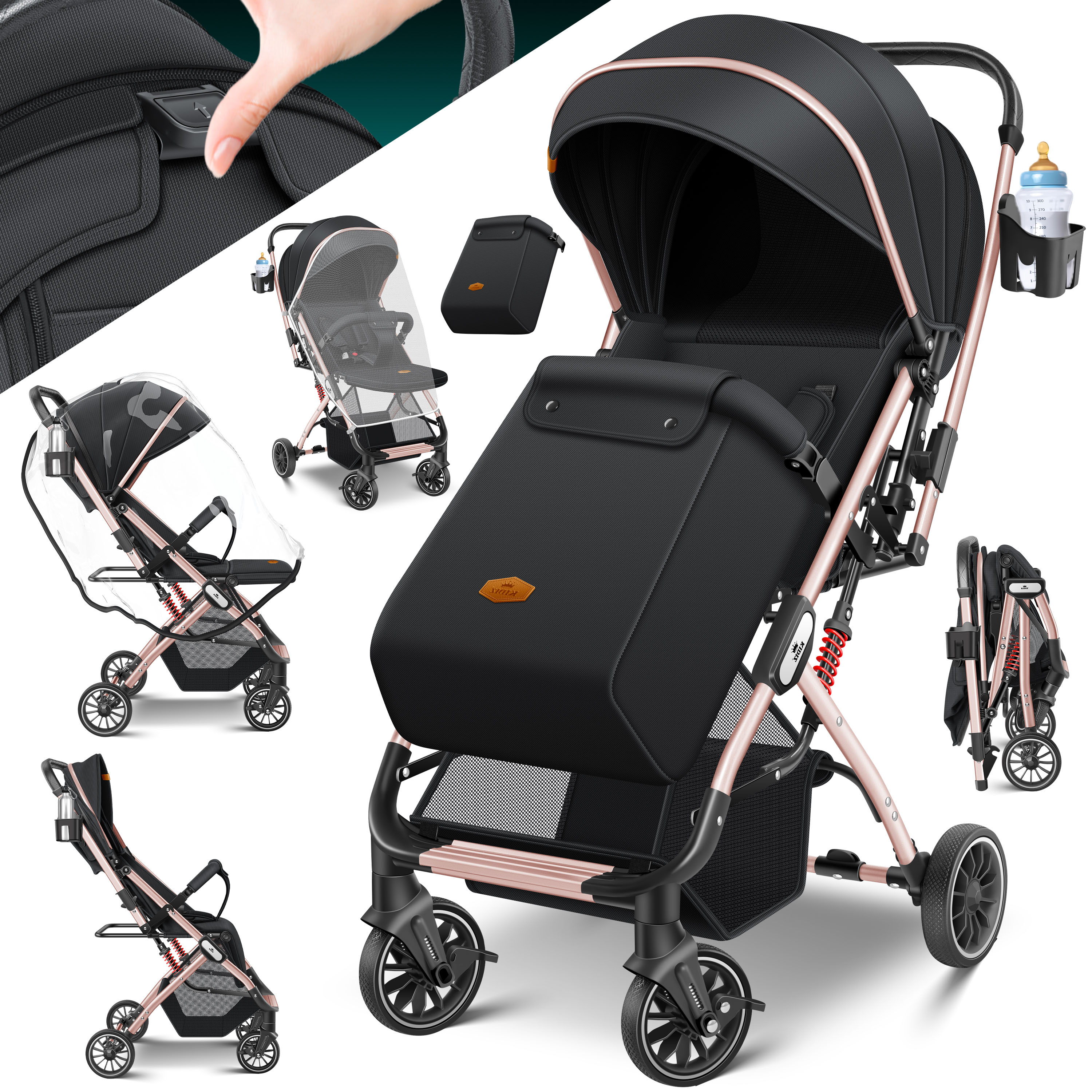 KIDIZ&reg; Kinderwagen Kinderbuggy klappbar Liegebuggy Sportwagen Faltbar 360&deg; R&auml;der 5-Punkt Gurt Inkl. Fu&szlig;sack, Getr&auml;nkehalter, Regenabdeckung & Moskitonetz verstellbare R&uuml;ckenlehne & Sonnenverdeck 