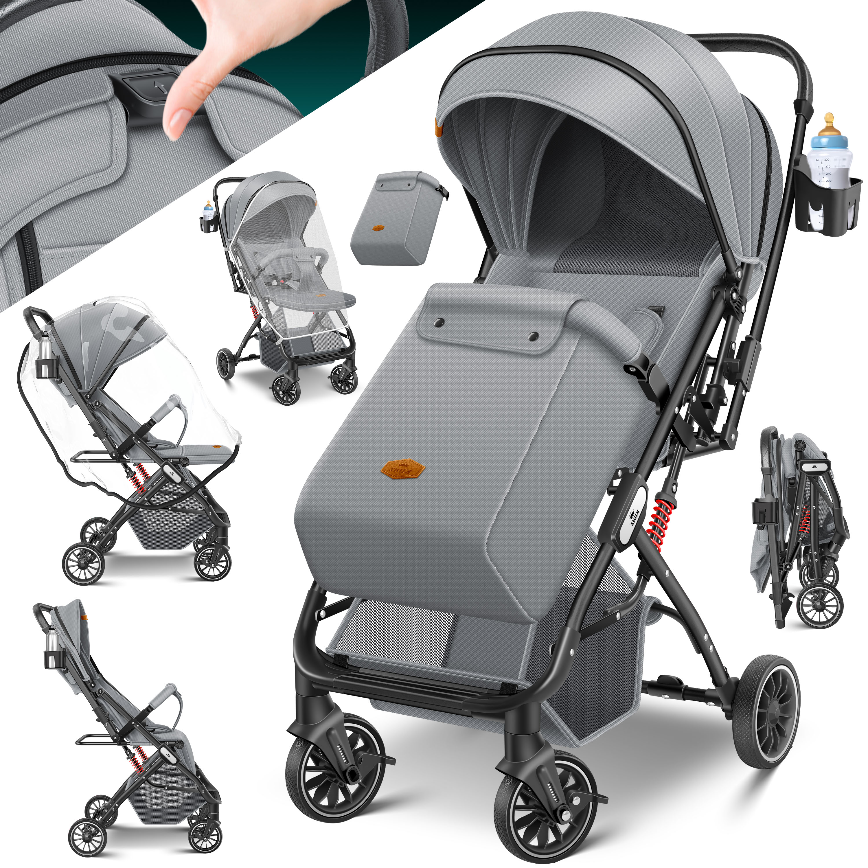 KIDIZ&reg; Kinderwagen Kinderbuggy klappbar Liegebuggy Sportwagen Faltbar 360&deg; R&auml;der 5-Punkt Gurt Inkl. Fu&szlig;sack, Getr&auml;nkehalter, Regenabdeckung & Moskitonetz verstellbare R&uuml;ckenlehne & Sonnenverdeck 