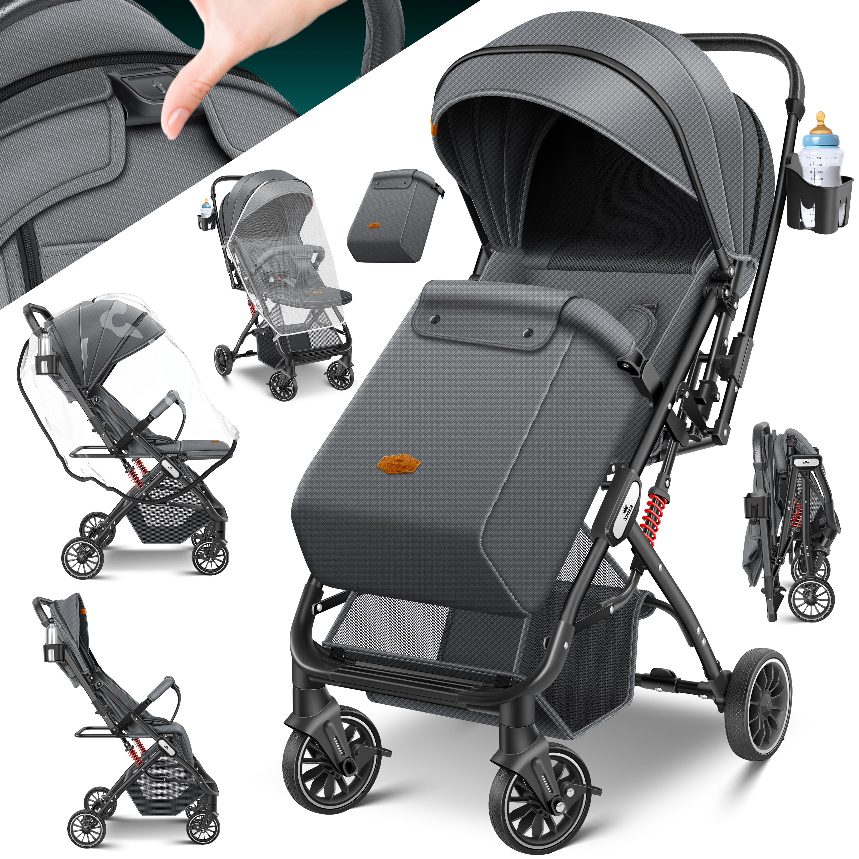 KIDIZ&reg; Kinderwagen Kinderbuggy klappbar Liegebuggy Sportwagen Faltbar 360&deg; R&auml;der 5-Punkt Gurt Inkl. Fu&szlig;sack, Getr&auml;nkehalter, Regenabdeckung & Moskitonetz verstellbare R&uuml;ckenlehne & Sonnenverdeck 