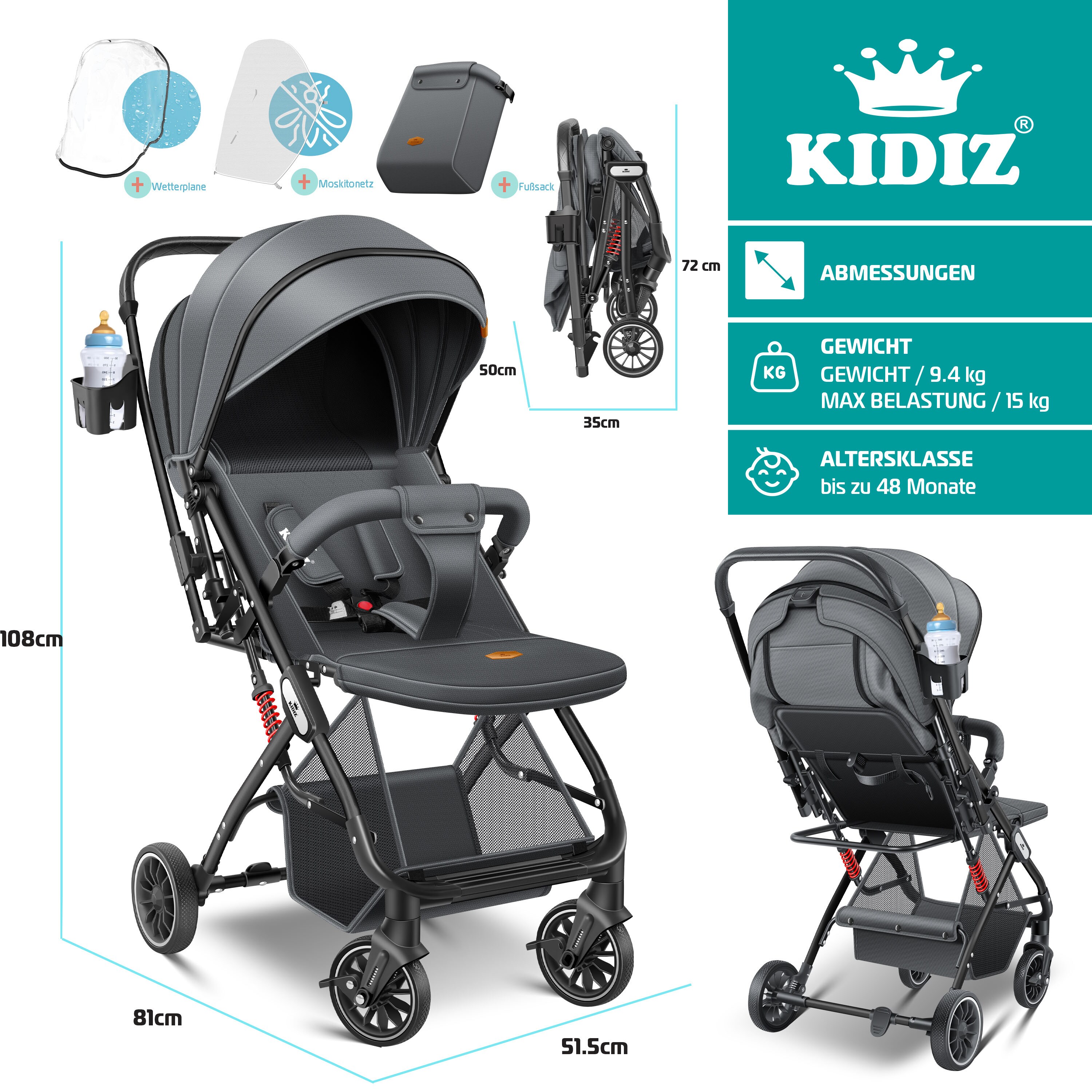 KIDIZ Kinderwagen Kinderbuggy klappbar Liegebuggy Sportwagen Faltbar 360  Rder 5-Punkt Gurt Inkl. Fusack, Getrnkehalter, Regenabdeckung