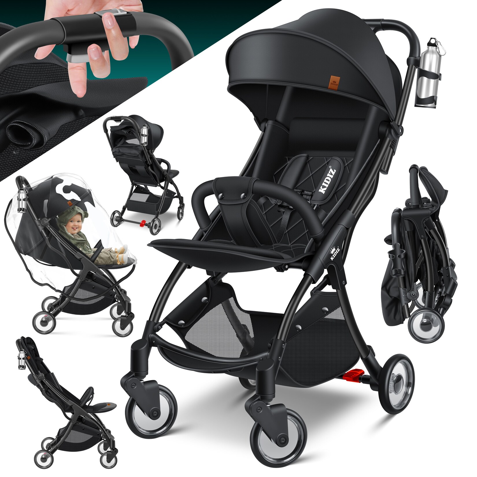 ® Kinderwagen Premium Kinderbuggy klappbar Liegebuggy Sportwagen Faltbar 360°Räder 5-Punkt Gurt Inkl. Getränkehalter & Regenabdeckung, verstellbare Rückenlehne & Sonnenverdeck