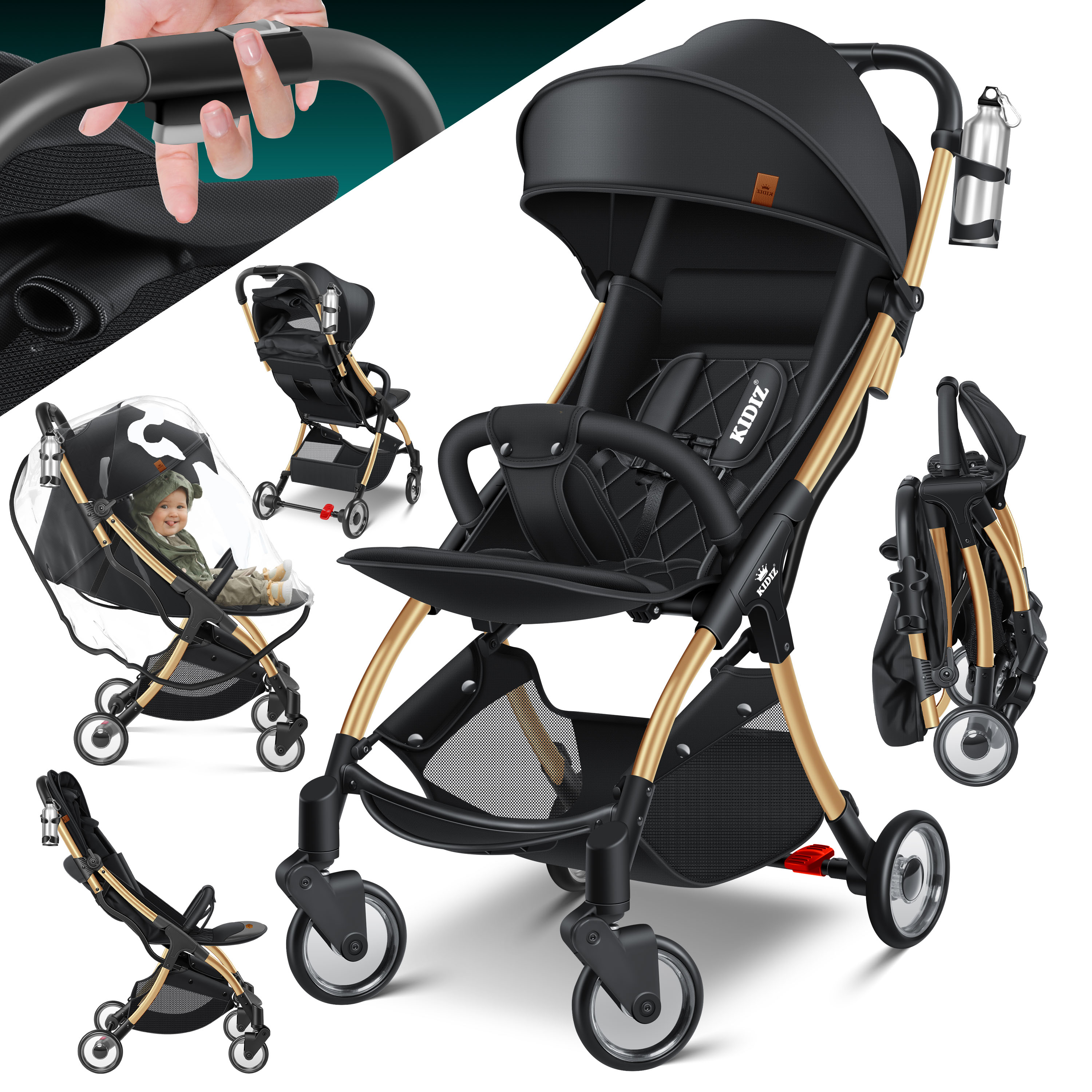 KIDIZ&reg; Kinderwagen Premium Kinderbuggy klappbar Liegebuggy Sportwagen Faltbar 360&deg;R&auml;der 5-Punkt Gurt Inkl. Getr&auml;nkehalter & Regenabdeckung, verstellbare R&uuml;ckenlehne & Sonnenverdeck 