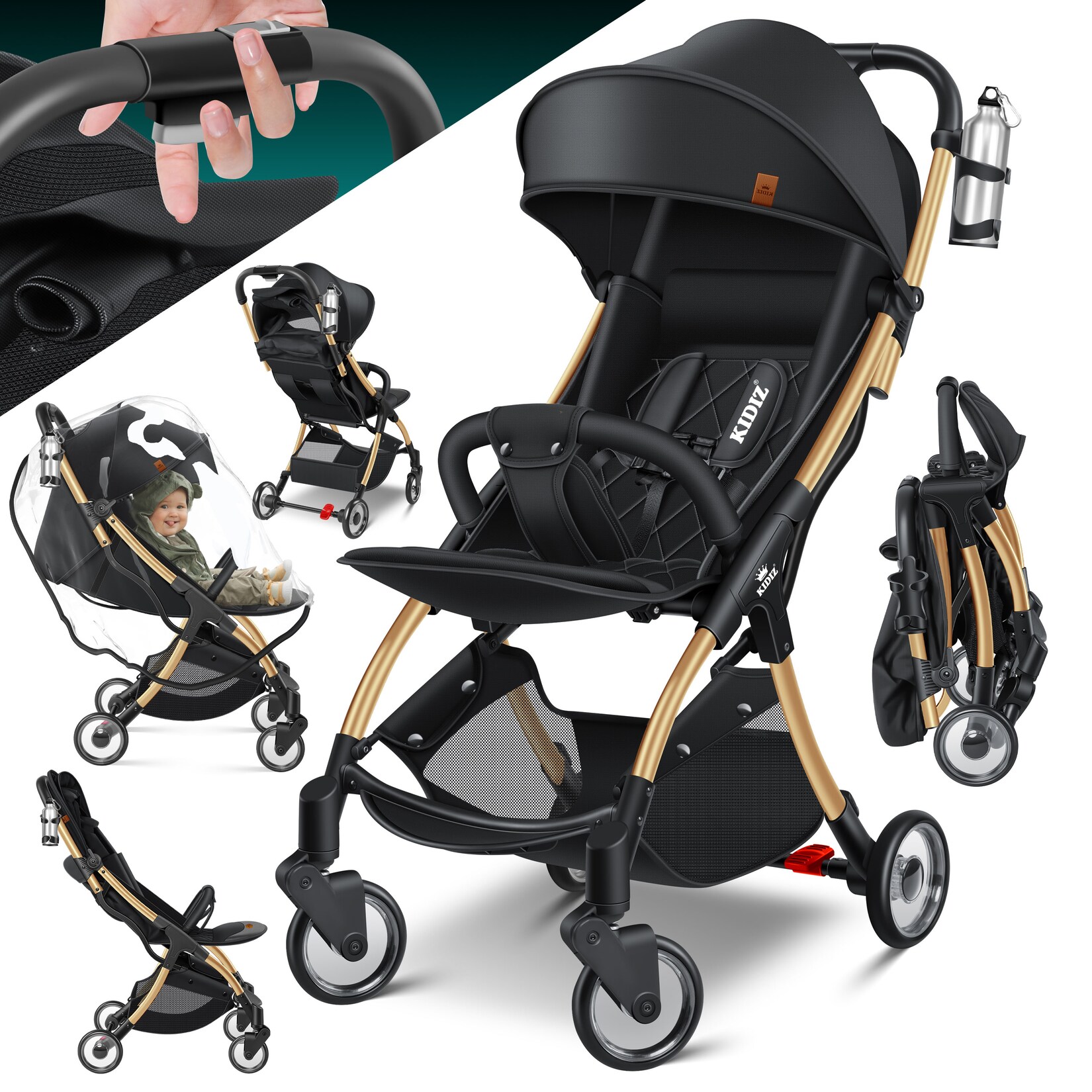 ® Kinderwagen Premium Kinderbuggy klappbar Liegebuggy Sportwagen Faltbar 360°Räder 5-Punkt Gurt Inkl. Getränkehalter & Regenabdeckung, verstellbare Rückenlehne & Sonnenverdeck