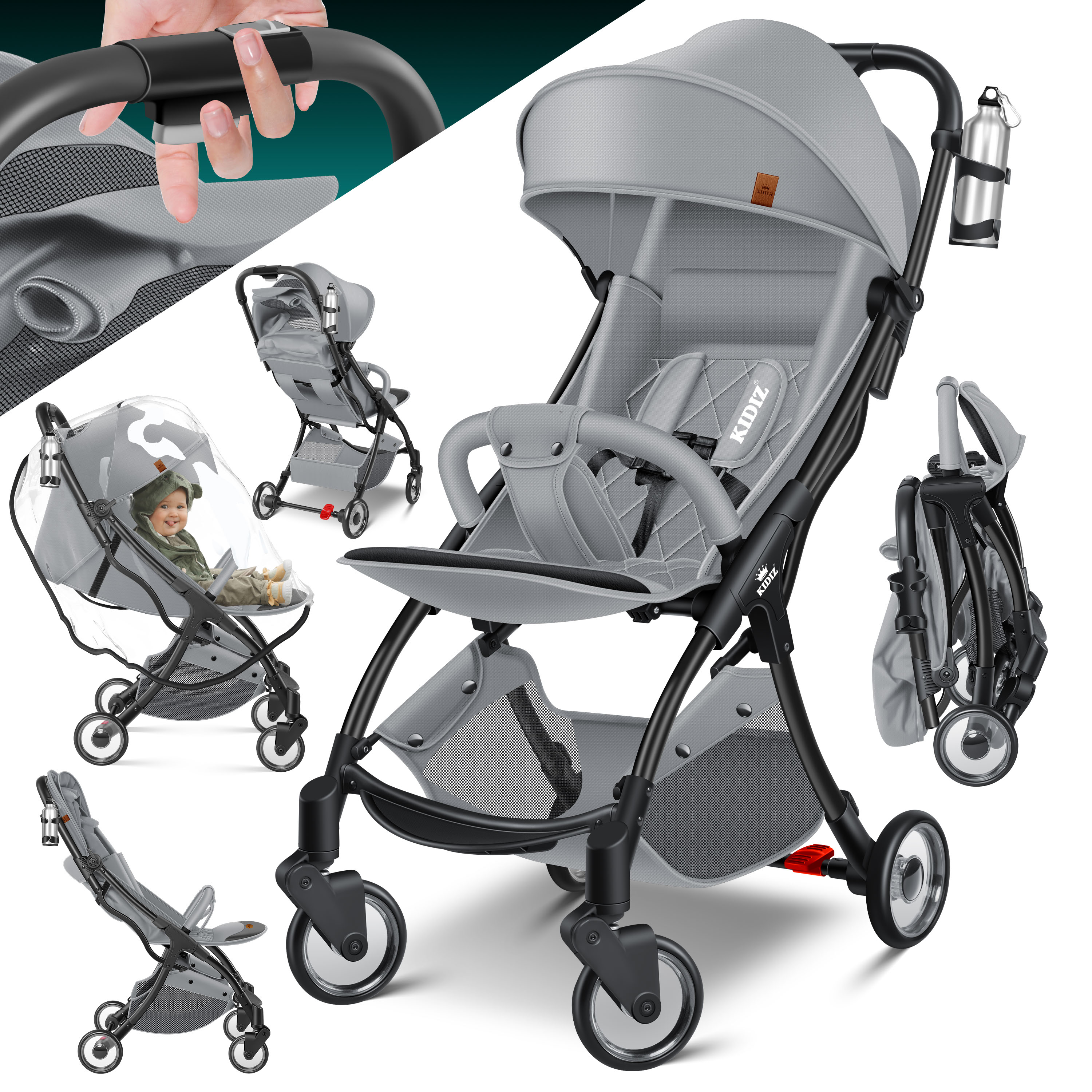 KIDIZ&reg; Kinderwagen Premium Kinderbuggy klappbar Liegebuggy Sportwagen Faltbar 360&deg;R&auml;der 5-Punkt Gurt Inkl. Getr&auml;nkehalter & Regenabdeckung, verstellbare R&uuml;ckenlehne & Sonnenverdeck 