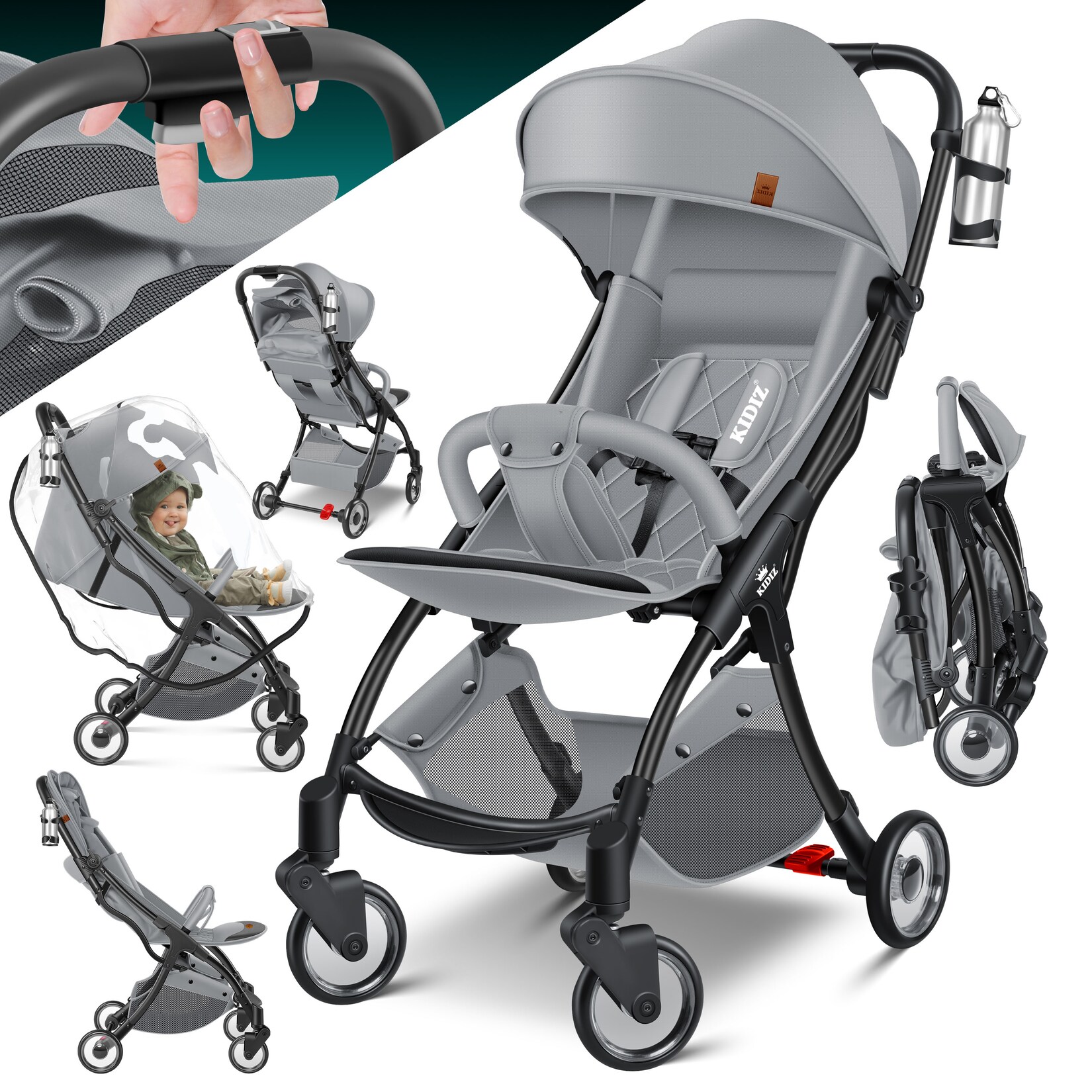 ® Kinderwagen Premium Kinderbuggy klappbar Liegebuggy Sportwagen Faltbar 360°Räder 5-Punkt Gurt Inkl. Getränkehalter & Regenabdeckung, verstellbare Rückenlehne & Sonnenverdeck