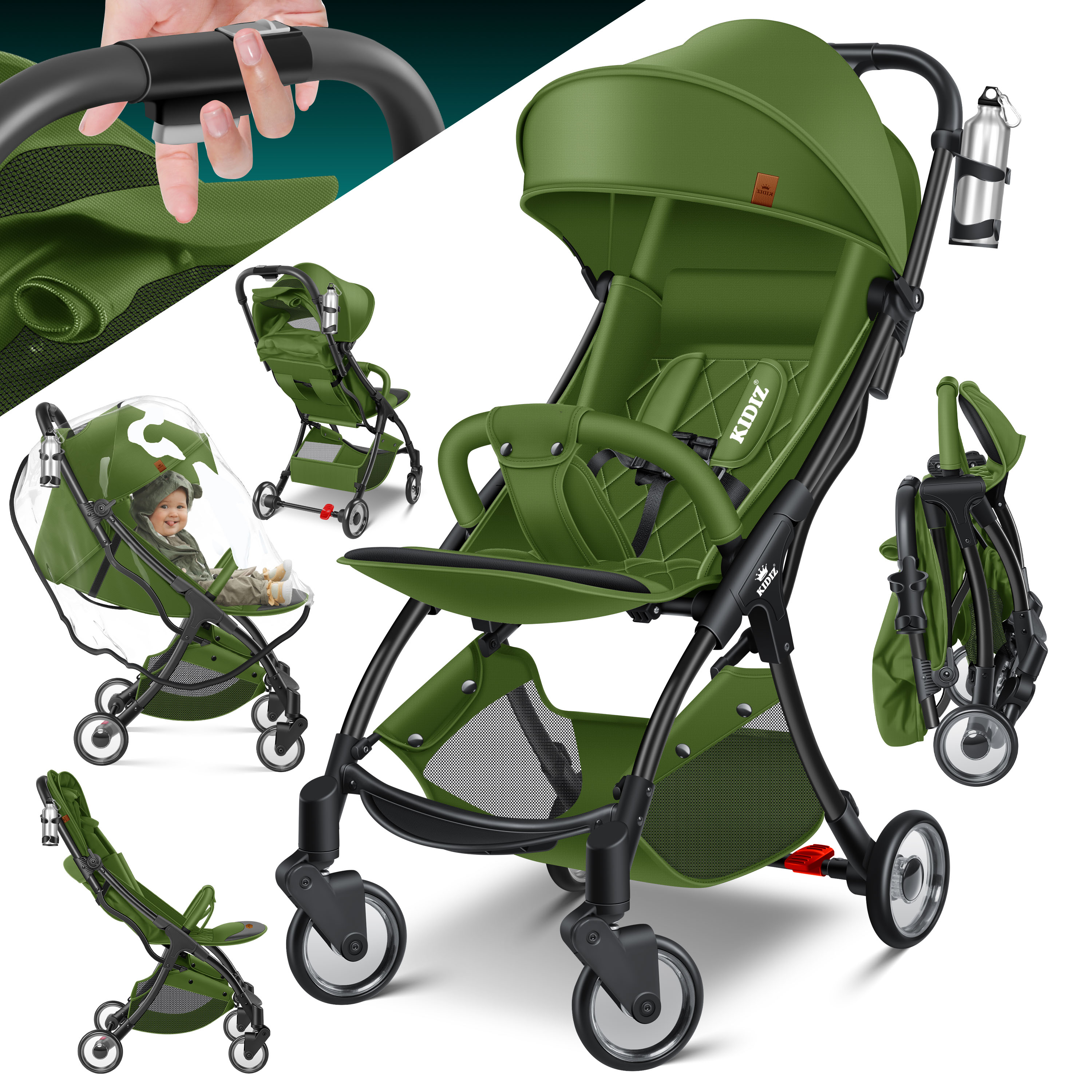 KIDIZ&reg; Kinderwagen Premium Kinderbuggy klappbar Liegebuggy Sportwagen Faltbar 360&deg;R&auml;der 5-Punkt Gurt Inkl. Getr&auml;nkehalter & Regenabdeckung, verstellbare R&uuml;ckenlehne & Sonnenverdeck 