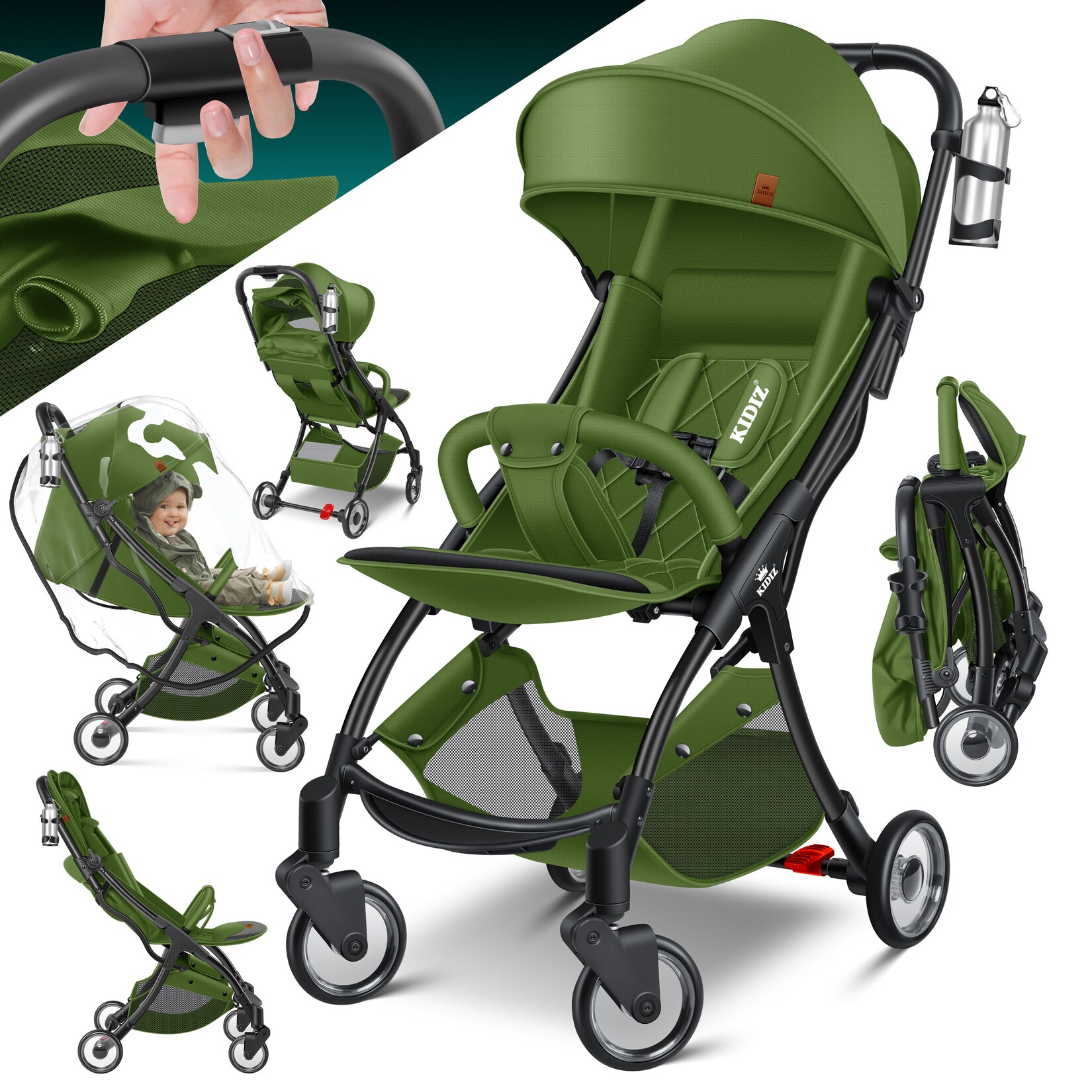 ® Kinderwagen Premium Kinderbuggy klappbar Liegebuggy Sportwagen Faltbar 360°Räder 5-Punkt Gurt Inkl. Getränkehalter & Regenabdeckung, verstellbare Rückenlehne & Sonnenverdeck