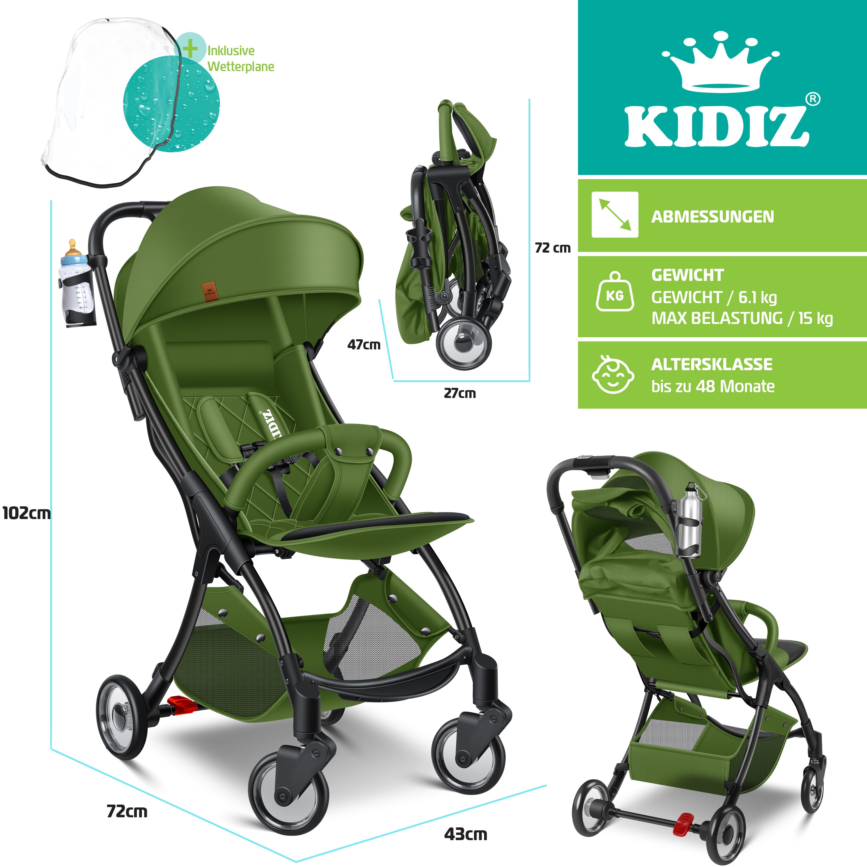 KIDIZ Kinderwagen Premium Kinderbuggy klappbar Liegebuggy Sportwagen  Faltbar 360Rder 5-Punkt Gurt Inkl. Getrnkehalter & Regenabdeckung,