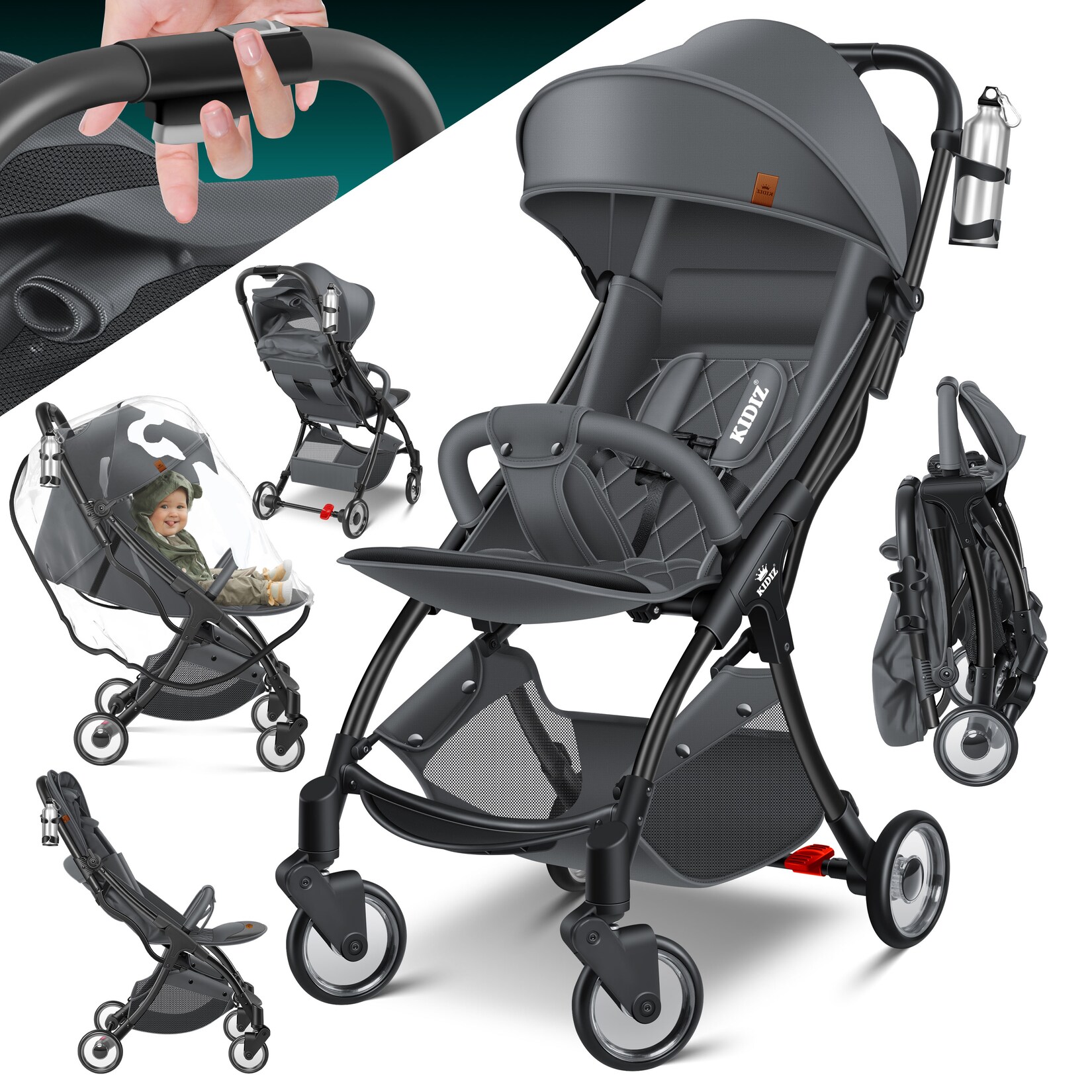 ® Kinderwagen Premium Kinderbuggy klappbar Liegebuggy Sportwagen Faltbar 360°Räder 5-Punkt Gurt Inkl. Getränkehalter & Regenabdeckung, verstellbare Rückenlehne & Sonnenverdeck
