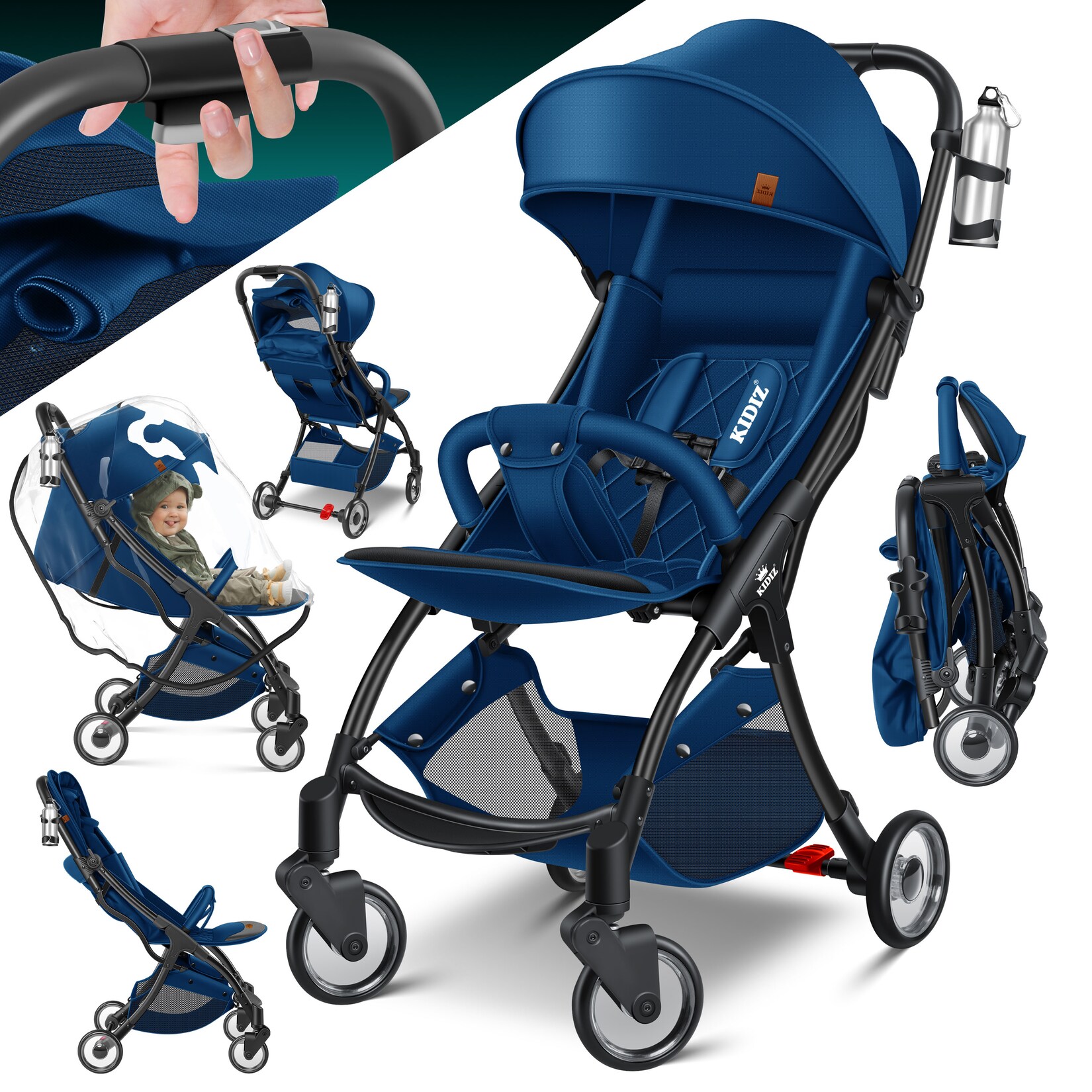 ® Kinderwagen Premium Kinderbuggy klappbar Liegebuggy Sportwagen Faltbar 360°Räder 5-Punkt Gurt Inkl. Getränkehalter & Regenabdeckung, verstellbare Rückenlehne & Sonnenverdeck
