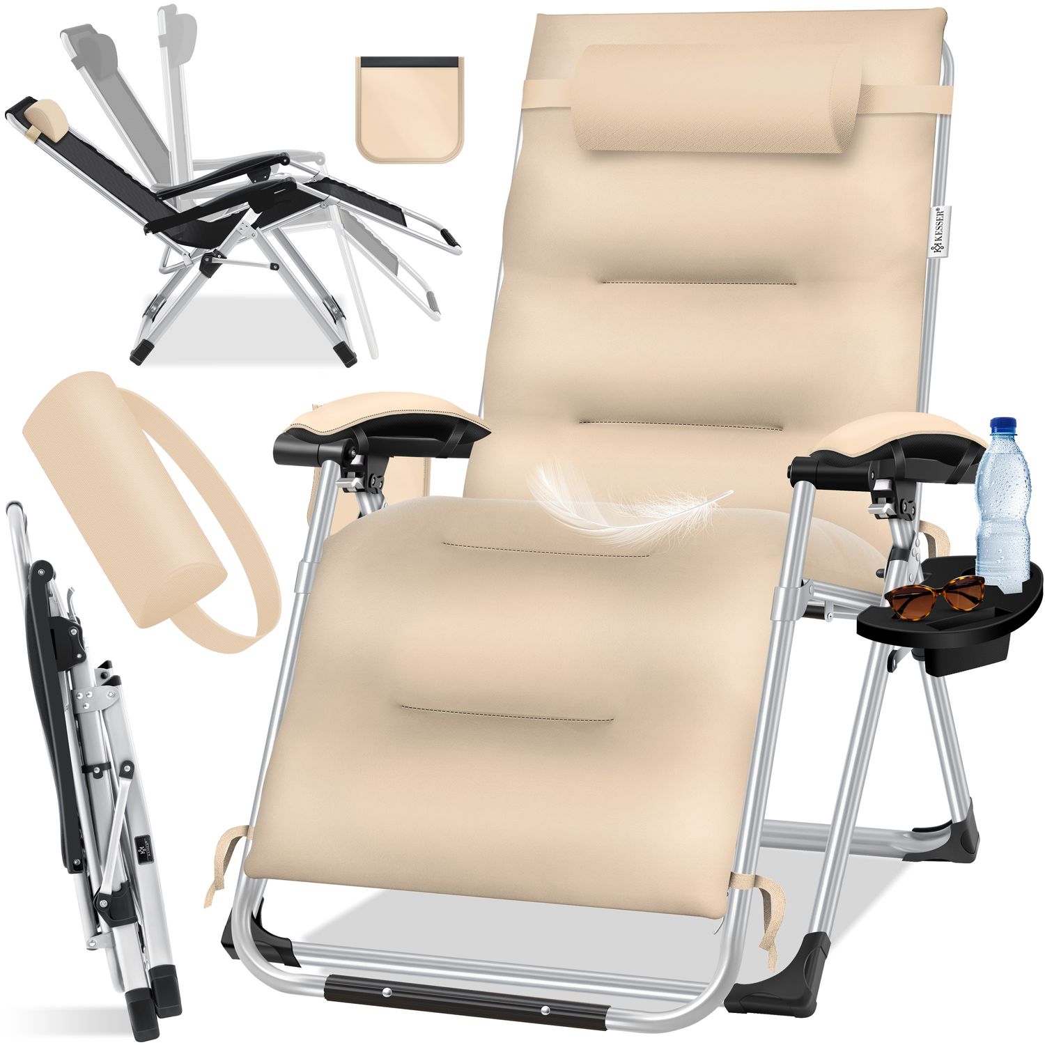 KESSER&reg; Sonnenliege Liegestuhl, klappbare Gartenliege extra breit & Wetterfest, Belastbar 200kg, Ergonomisches Polster, verstellbare R&uuml;ckenlehne inkl. Nackenkissen, Getr&auml;nkehalter & Armpolster 