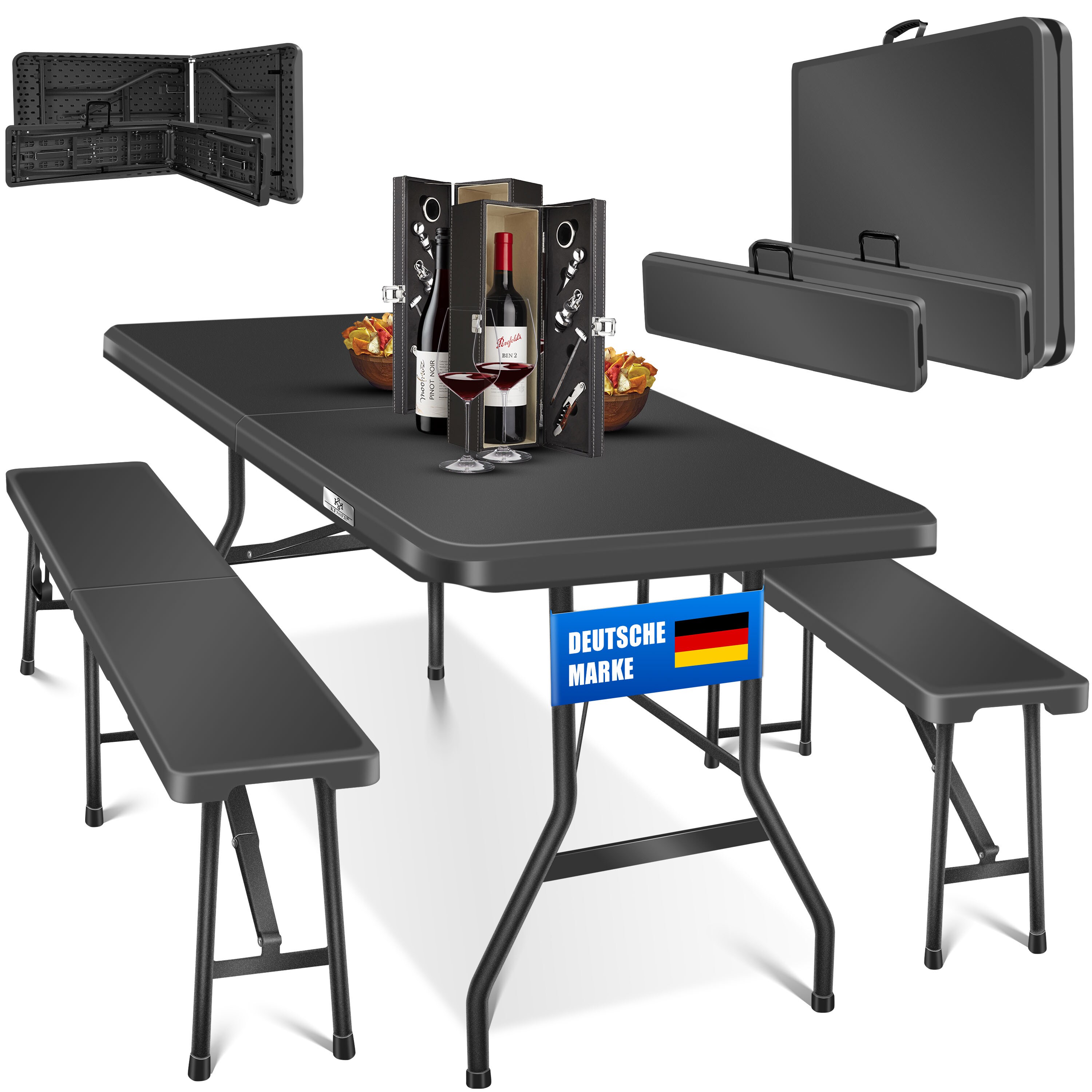 KESSER&reg; Bierzeltgarnitur 3-teilig Set Tisch & 2x Bank | Buffettisch f&uuml;r drinnen & drau&szlig;en Gartengarnitur klappbar 183x76x74cm Kunststoff Klapptisch Gartentisch inkl. Abdeckung & Tragegriffe 