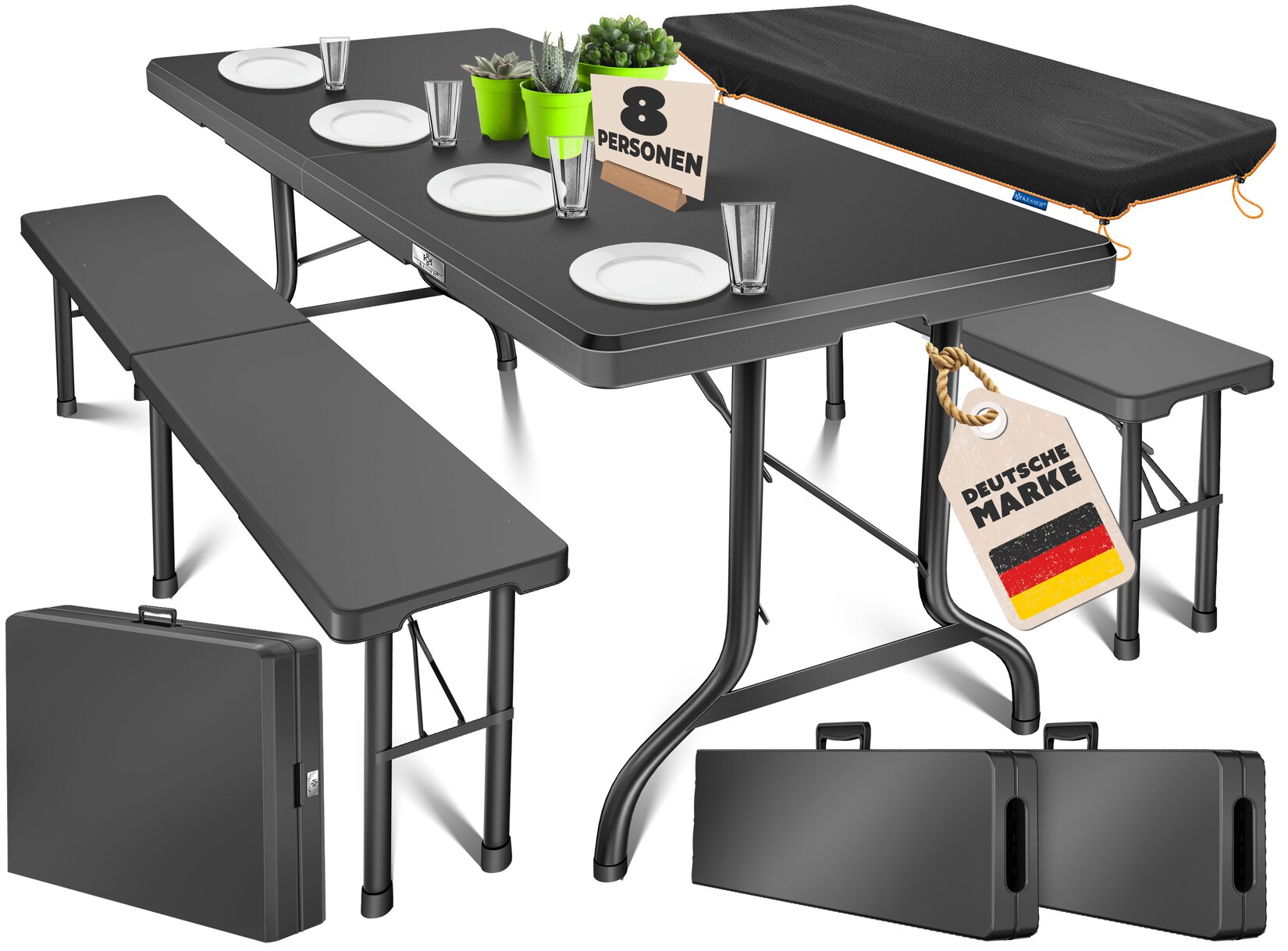 ® Bierzeltgarnitur 3-teilig Set Tisch & 2x Bank   Buffettisch für drinnen & draußen Gartengarnitur klappbar 183x76x74cm Kunststoff Klapptisch Gartentisch inkl. Abdeckung & Tragegriffe