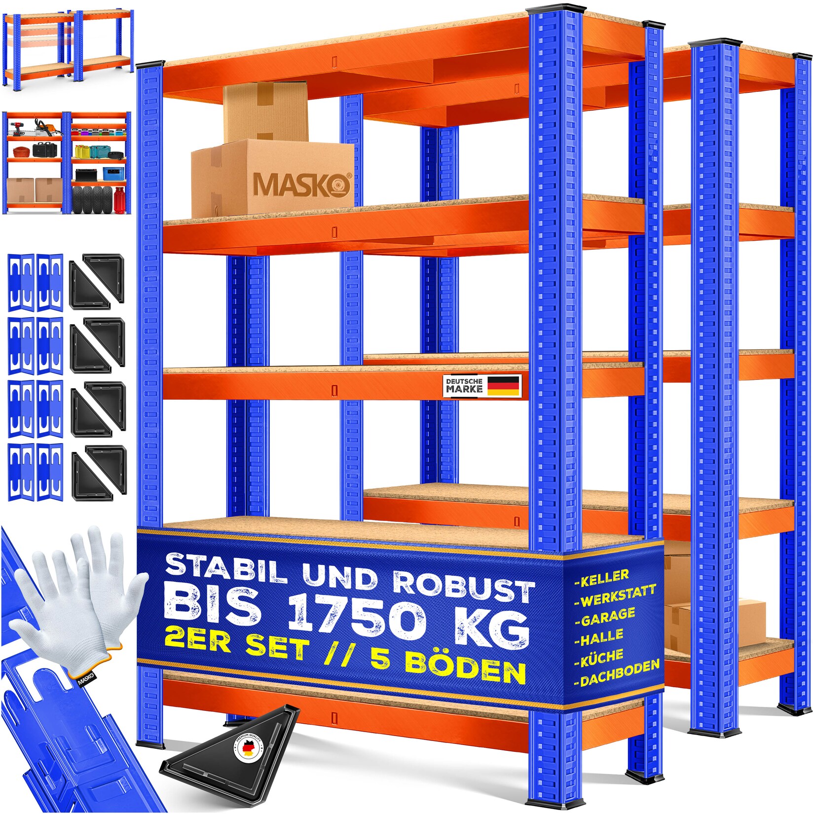® 2er-Set Lagerregal Schwerlastregal, Kellerregal, verstellbare Ablagen, MDF-Platten Regal aus Metall, Steckregal, Werkstattregal, Keller, Garage