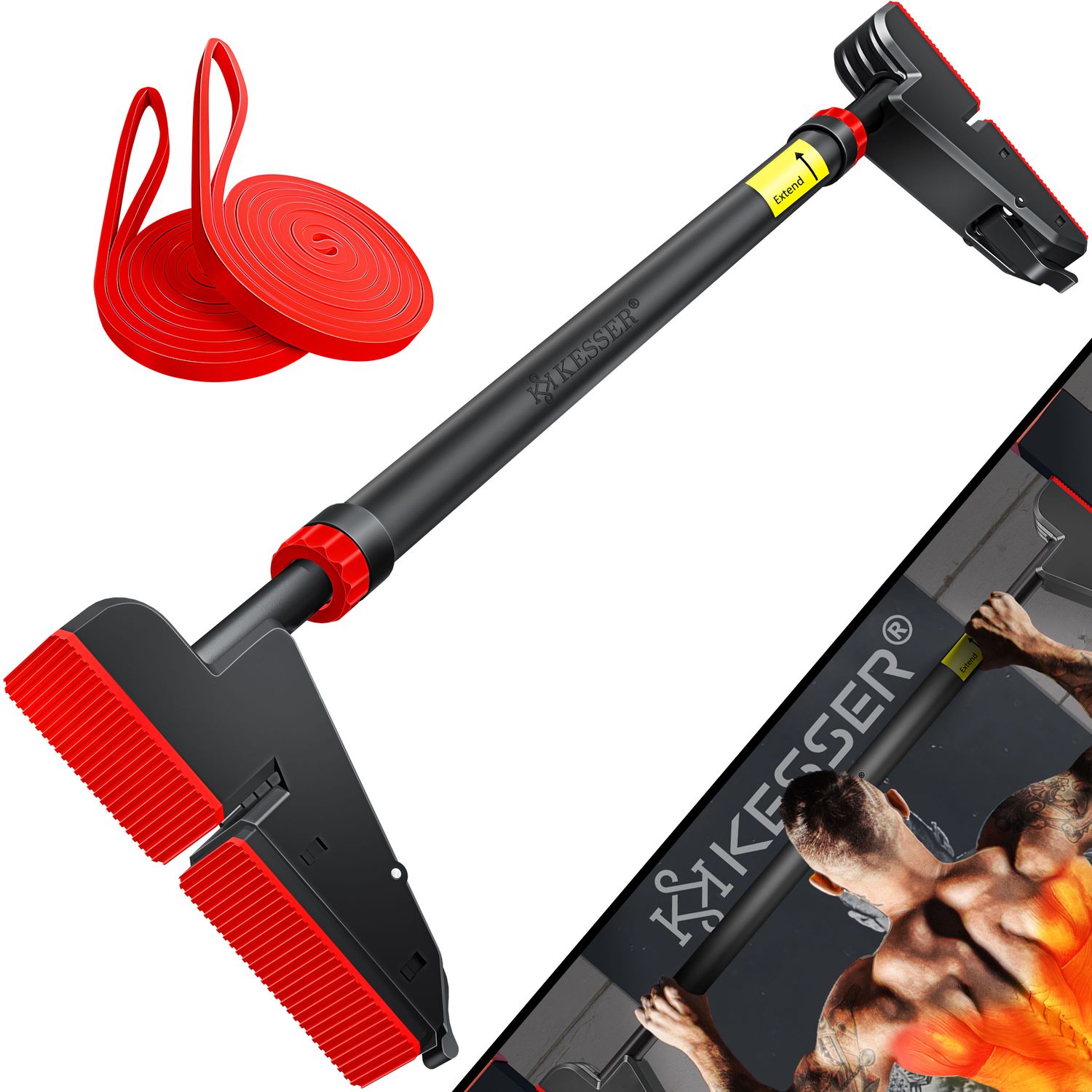 KESSER&reg; Klimmzugstange T&uuml;rrahmen verstellbar, Pull Up Bar Heimturnhalle, Reckstange ohne Schrauben/Bohren, 76-112 cm Ausziehbar, Tragf&auml;higkeit bis zu 300Kg & rutschfeste Griffe, inkl. Resistenzb&auml;nder 