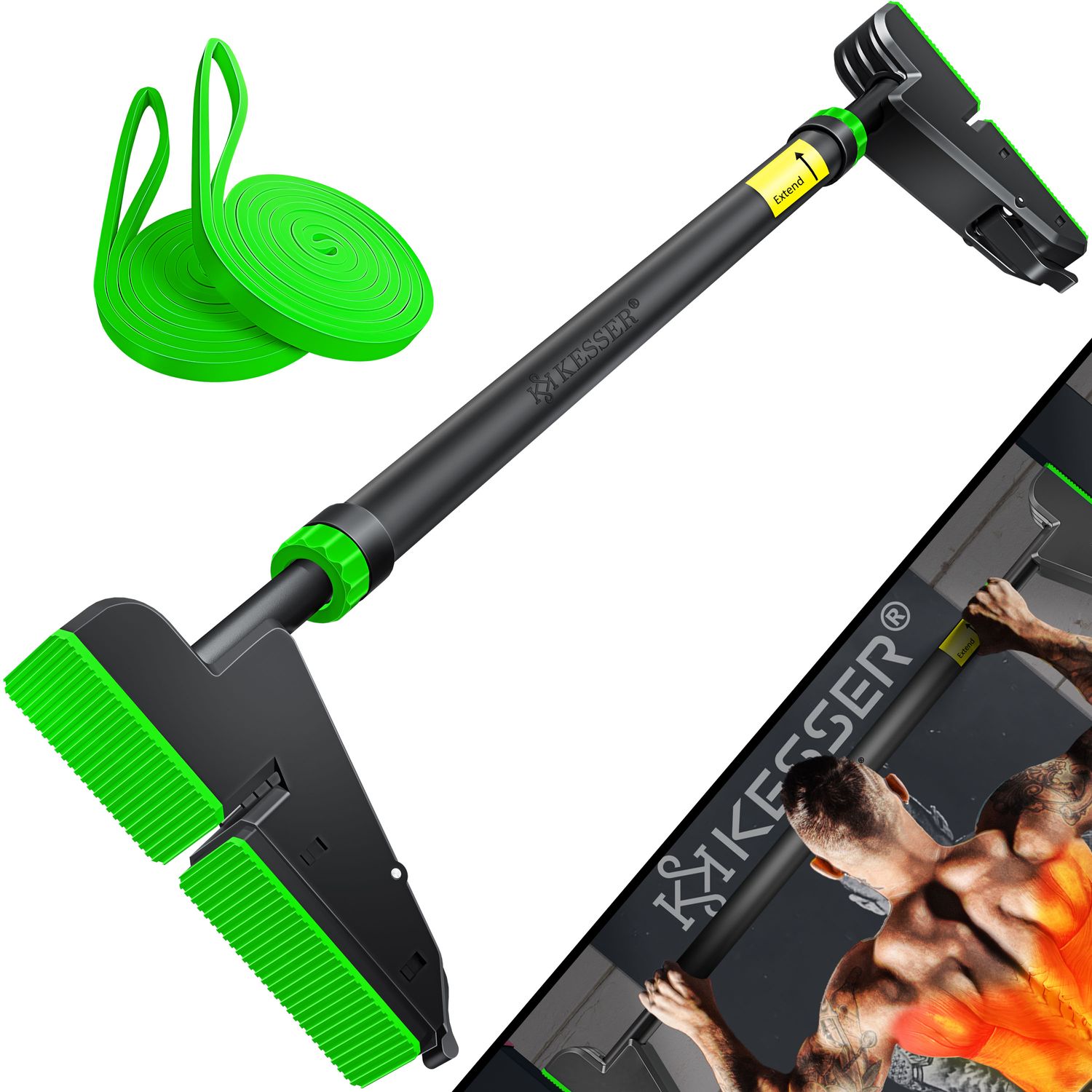 KESSER&reg; Klimmzugstange T&uuml;rrahmen verstellbar, Pull Up Bar Heimturnhalle, Reckstange ohne Schrauben/Bohren, 76-112 cm Ausziehbar, Tragf&auml;higkeit bis zu 300Kg & rutschfeste Griffe, inkl. Resistenzb&auml;nder 